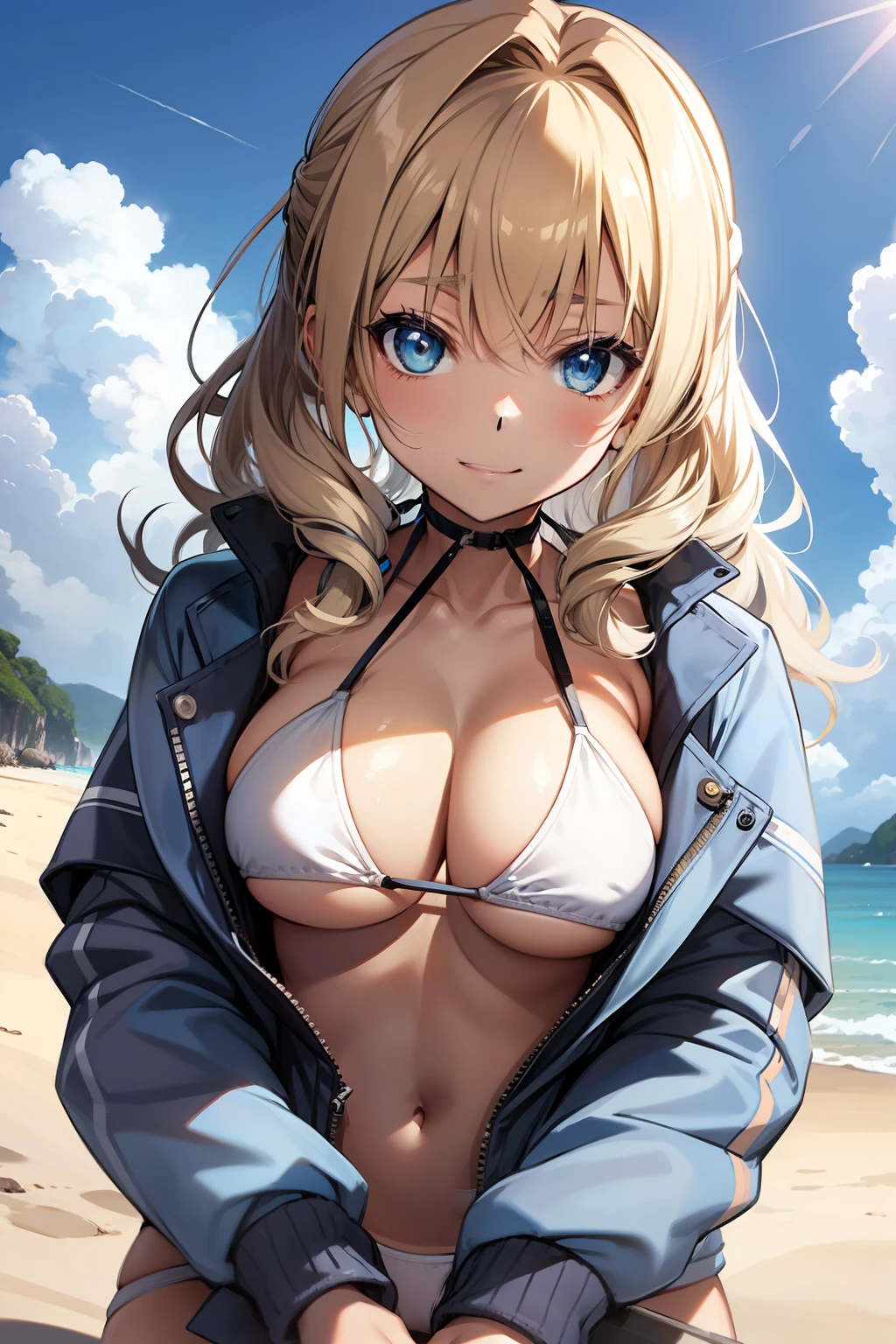 anime character, girl, 18 years old, Gyaru, Tomboy, black skin, blond hair, blue eyes, white bikini, white panties, denim jacket, happy, holding beer on beach, 4k