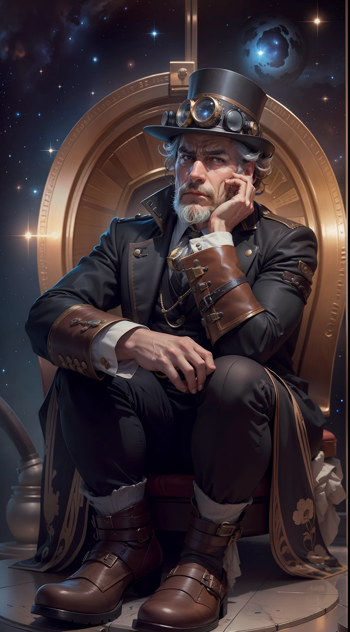 a pensive man seated on a toilet, with a contemplative expression, a galaxy in the background, style steampunk