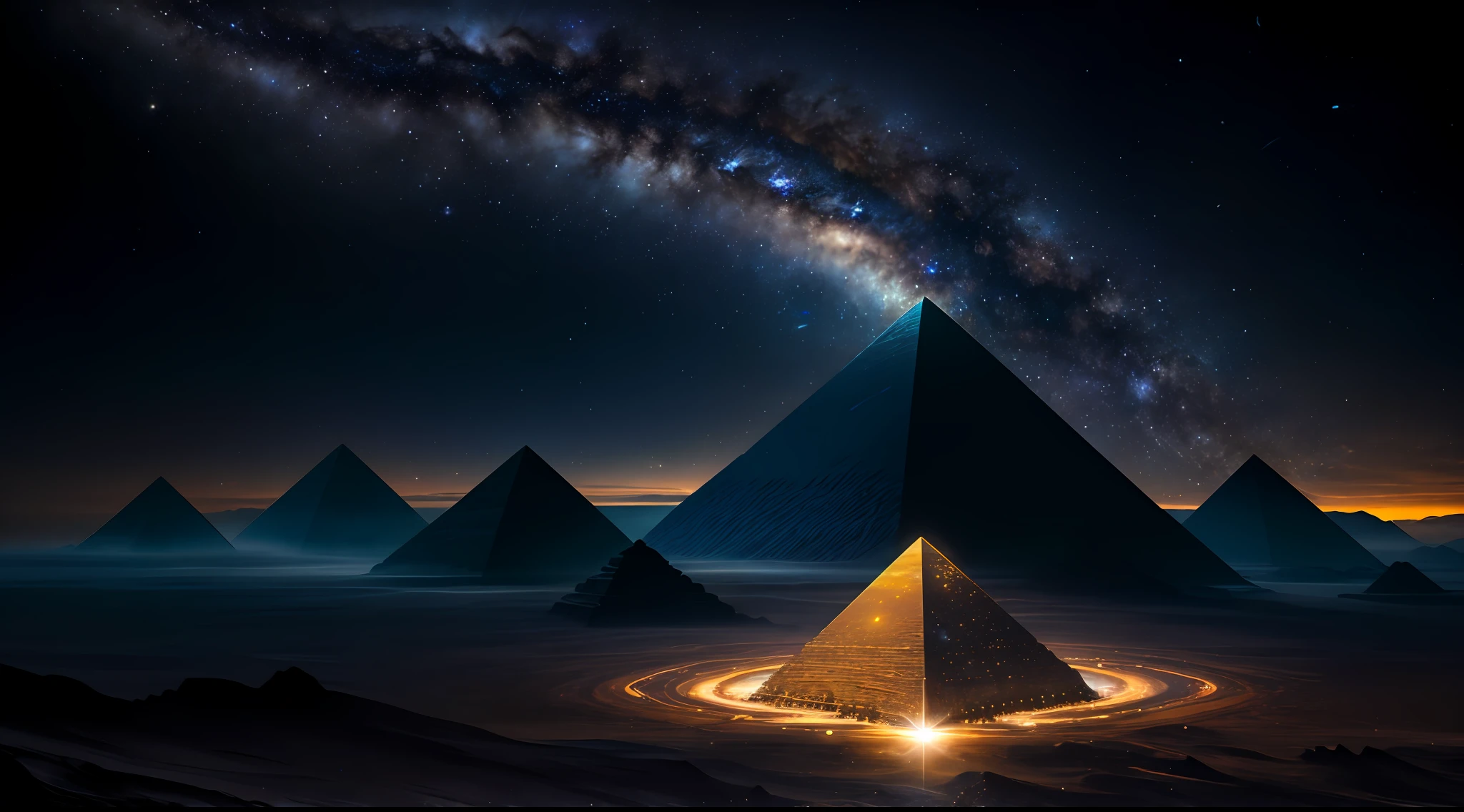 masterpiece, best quality, high quality, extremely detailed CG unity 8k wallpaper, Depth of Field, HDR, Photorealistic, extremely detailed, Intricate, High Detail, pyramid on an alien planet showing a night sky with multiple galaxies, deep space, astronomical objects