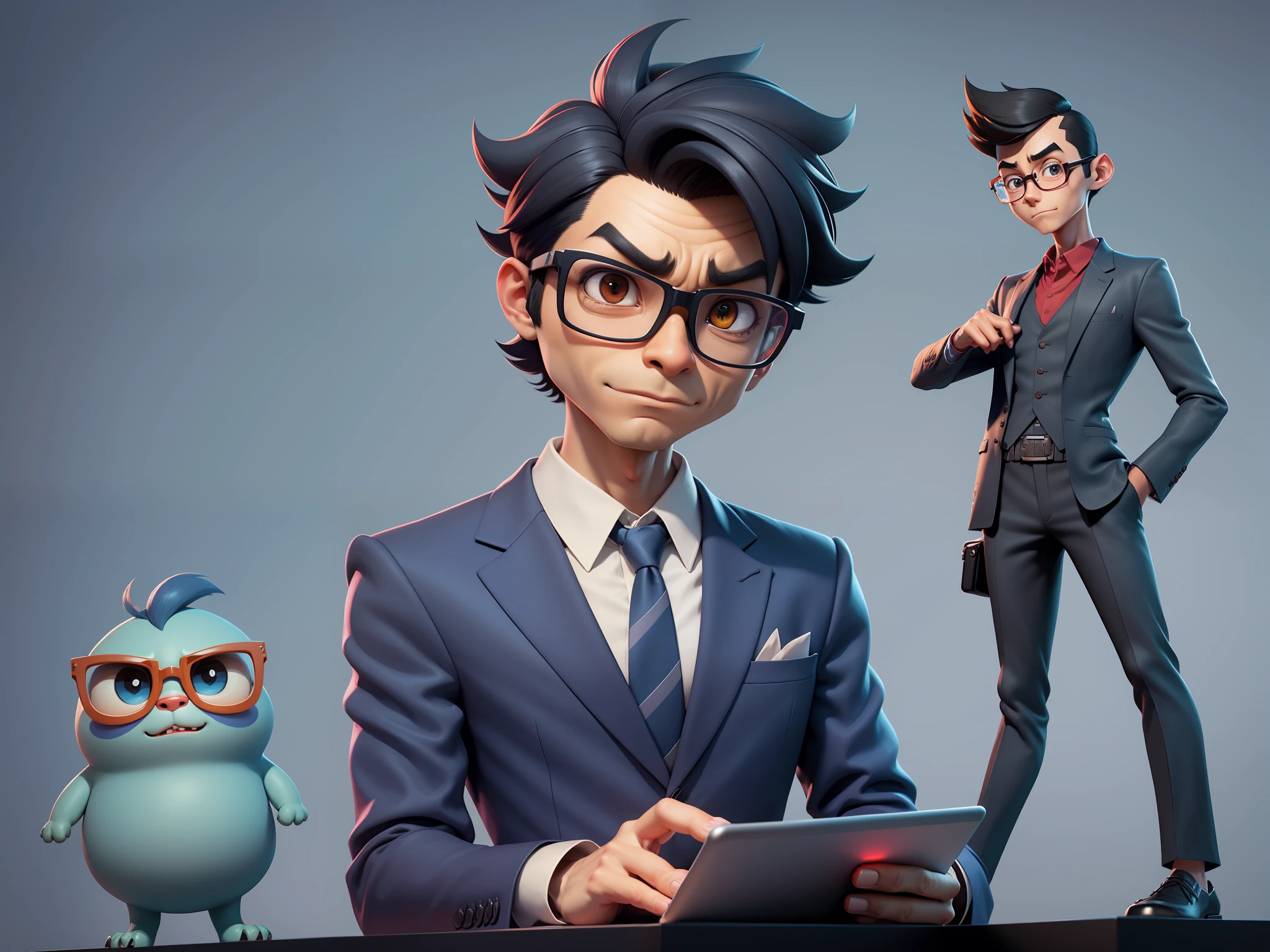 A young man in a suit and pants, Short hair and glasses sat at his desk,holding laptop,digitial painting,tigre,3D character design by Mark Clairen and Pixar and Hayao Miyazaki and Akira Toriyama,4K HD illustration,Very detailed facial features and cartoon-style visuals。