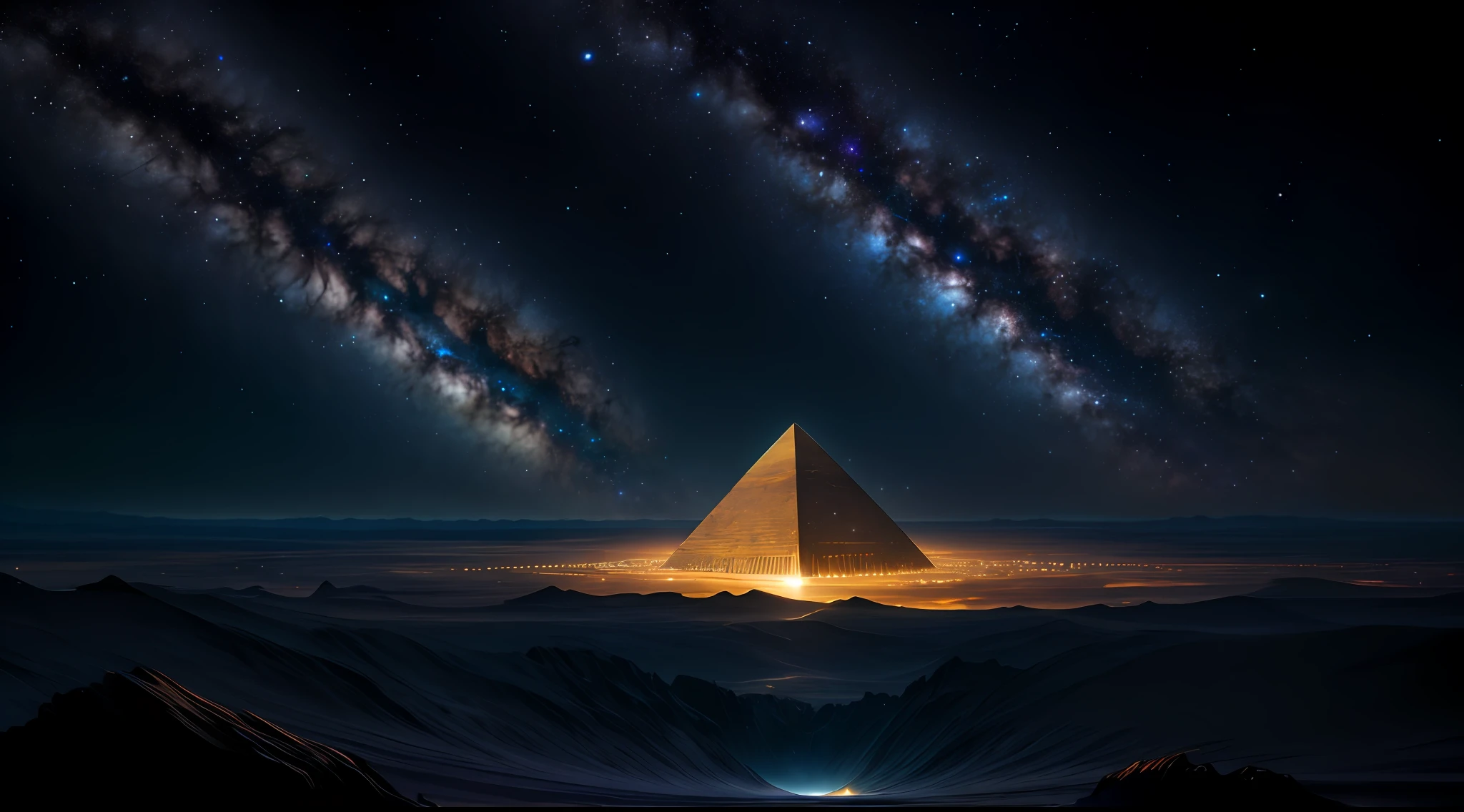 masterpiece, best quality, high quality, extremely detailed CG unity 8k wallpaper, Depth of Field, HDR, Photorealistic, extremely detailed, Intricate, High Detail, pyramid on an alien planet showing a night sky with multiple galaxies, deep space, astronomical objects