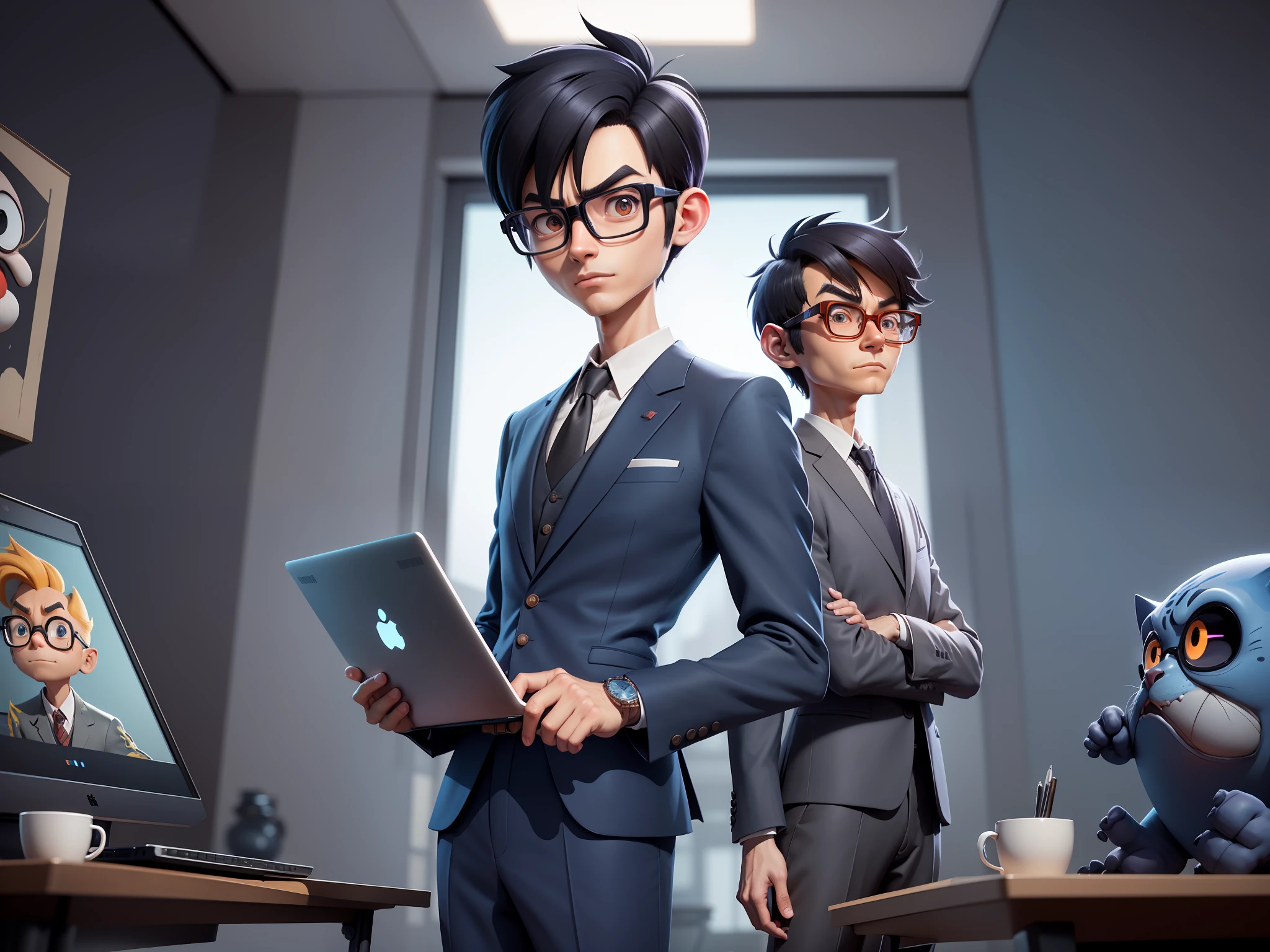 A young man in a suit and pants, Short hair and glasses sat at his desk,holding laptop,digitial painting,tigre,3D character design by Mark Clairen and Pixar and Hayao Miyazaki and Akira Toriyama,4K HD illustration,Very detailed facial features and cartoon-style visuals。