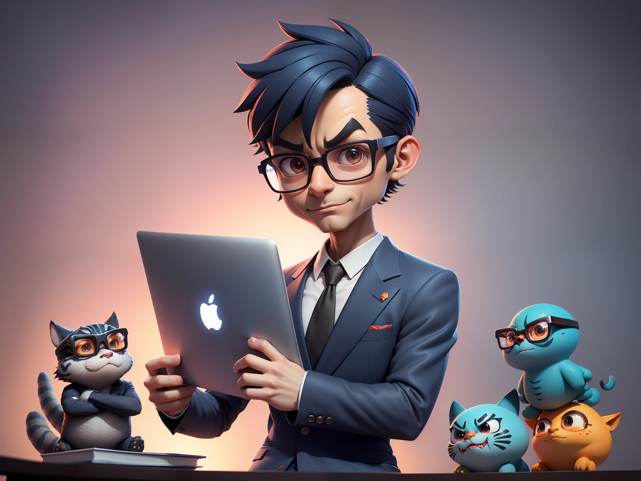 A young man in a suit and pants, Short hair and glasses sat at his desk,holding laptop,digitial painting,tigre,3D character design by Mark Clairen and Pixar and Hayao Miyazaki and Akira Toriyama,4K HD illustration,Very detailed facial features and cartoon-style visuals。