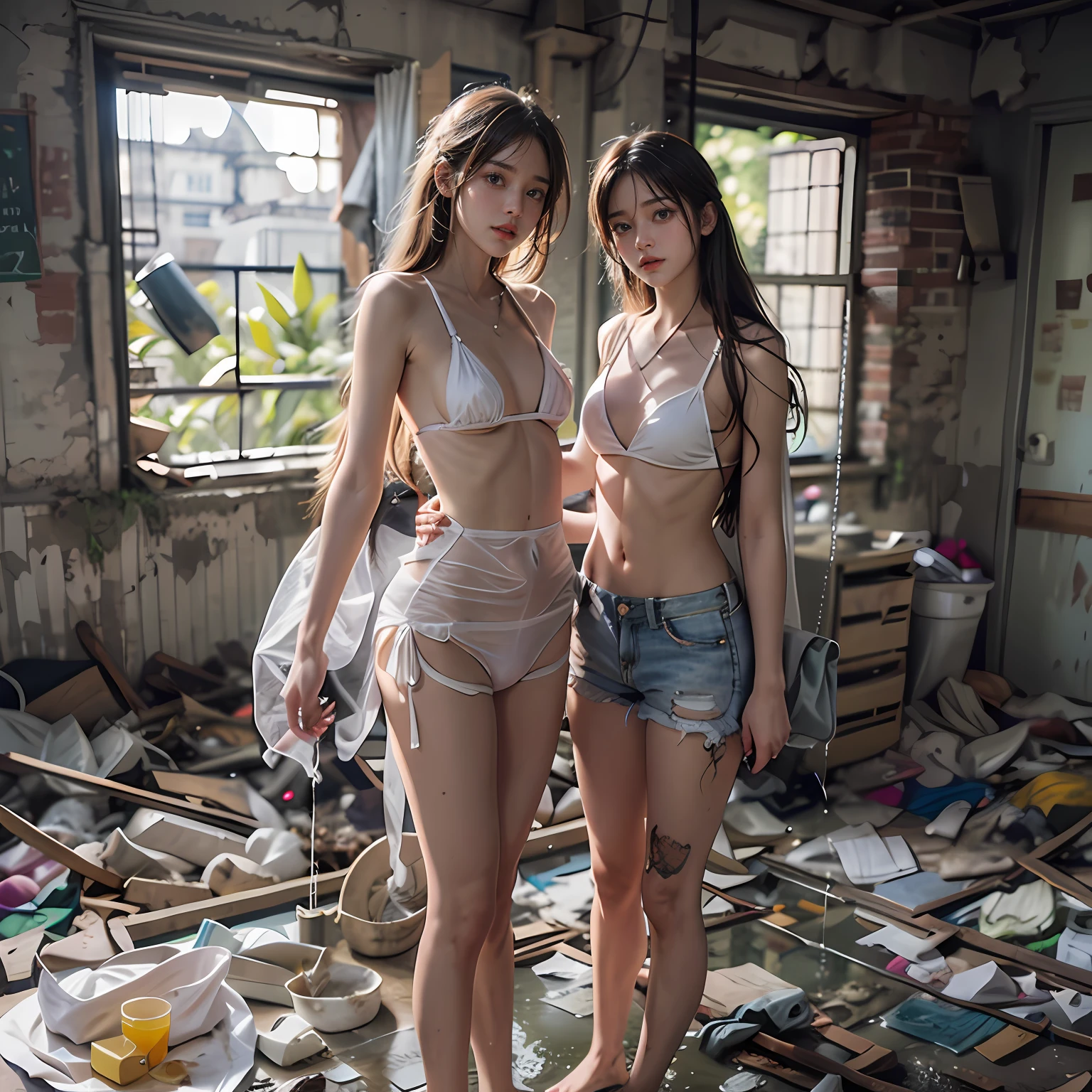Abandoned schools,Sexy standing pose,White transparent bikini,Exposing the genitals ,Garbage all over the ground,Dilapidated,Devastated,best qualtiy,full-body portraits(1:1),18 years old girls,lean and slender body,Skinny,Smaller bust,The barefoot,Leaky ,Leakage of all breasts,Naked all over the body