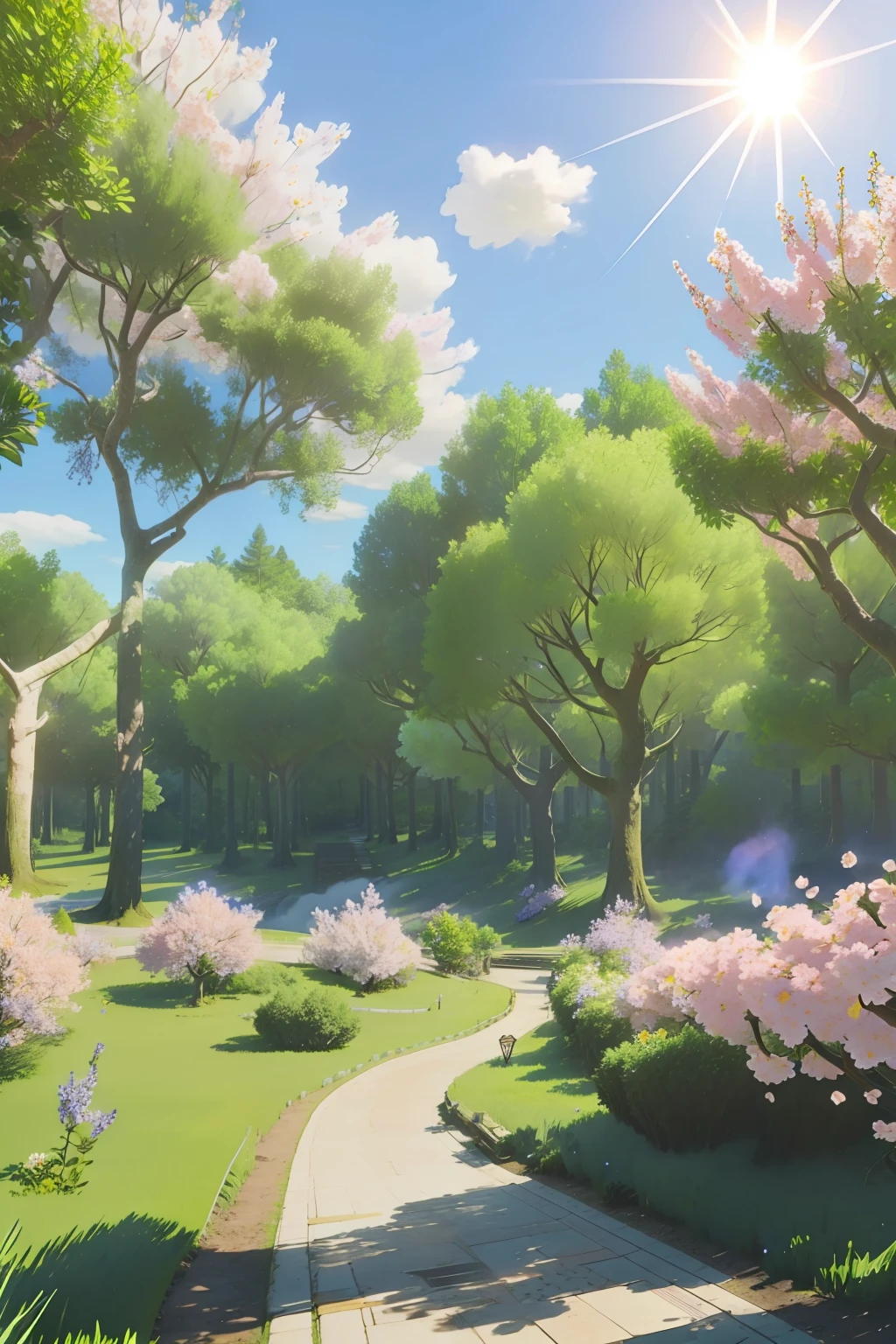 Two trees side by side,The canopy is large and full of flowers,In the forest、The sun is good,Lots of flowers and plants、with blue sky and white clouds,There are many flowers under the trees