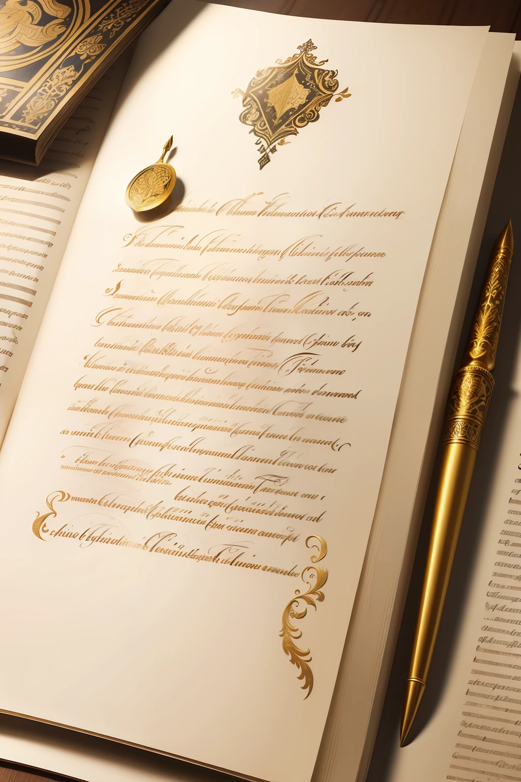 Illustration of an ancient manuscript or parchment, with artistic calligraphy and golden details, The image may depict an open page of this manuscript, with one or two of the quotations written in Latin, penas de escrever, tinta ou um selo de cera