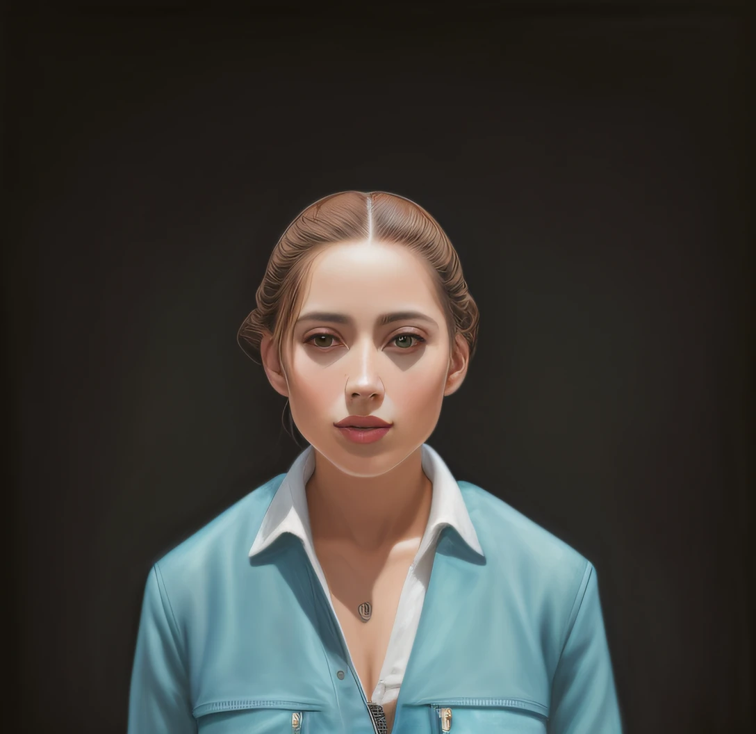 25-year-old woman in a thin-strap patterned dress partially covered by a black leather jacket, cabelo loiro, cabelo comprido e liso, posando para uma foto, pintura digital hiper-realista, pintura digital hiper realista, arte digital hiper-realista, pintura digital realista, Retrato VFX altamente detalhado, pintura digital ultra realista, arte conceitual hiper-realista, arte digital altamente realista, mulher hiper-realista, pintura digital foto-realista, realistic studio portrait, hyperrealistic illustration, retrato vfx altamente detalhado e de fundo azul.