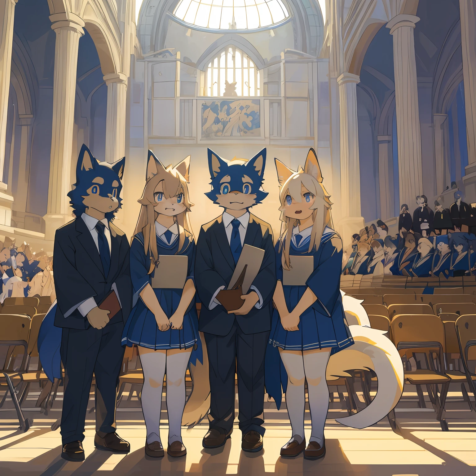 dynamic angle, top quality, best quality, High-quality illustrations, masterpiece, super high resolution, detailed background, detailed background, School Graduation Ceremony, group shot:0.1, 3+boys, 3+girls, absurdres(highly detailed beautiful face and eyes)perfect anatomy, expression, good lighting, cinematic shadow(kemono, furry anthro),