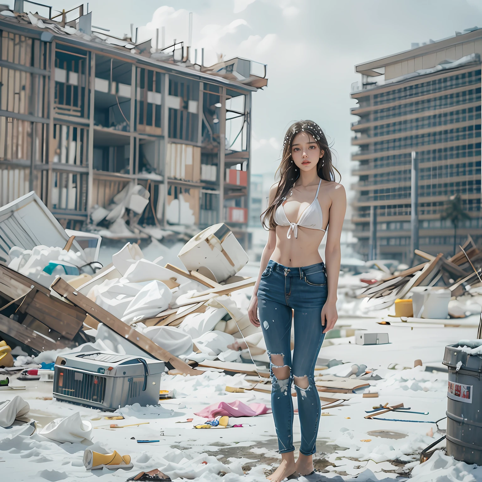 Abandoned construction sites，nevando，Snow on the ground，Sexy standing pose，White transparent bikini，Exposing the genitals ，Garbage all over the ground，Dilapidated，Devastated，best qualtiy，full-body portraits（1：1），18 years old girls，lean and slender body，Skinny，Smaller bust，The barefoot，Leaky ，Leakage of all breasts，Naked all over the body，facing to audience