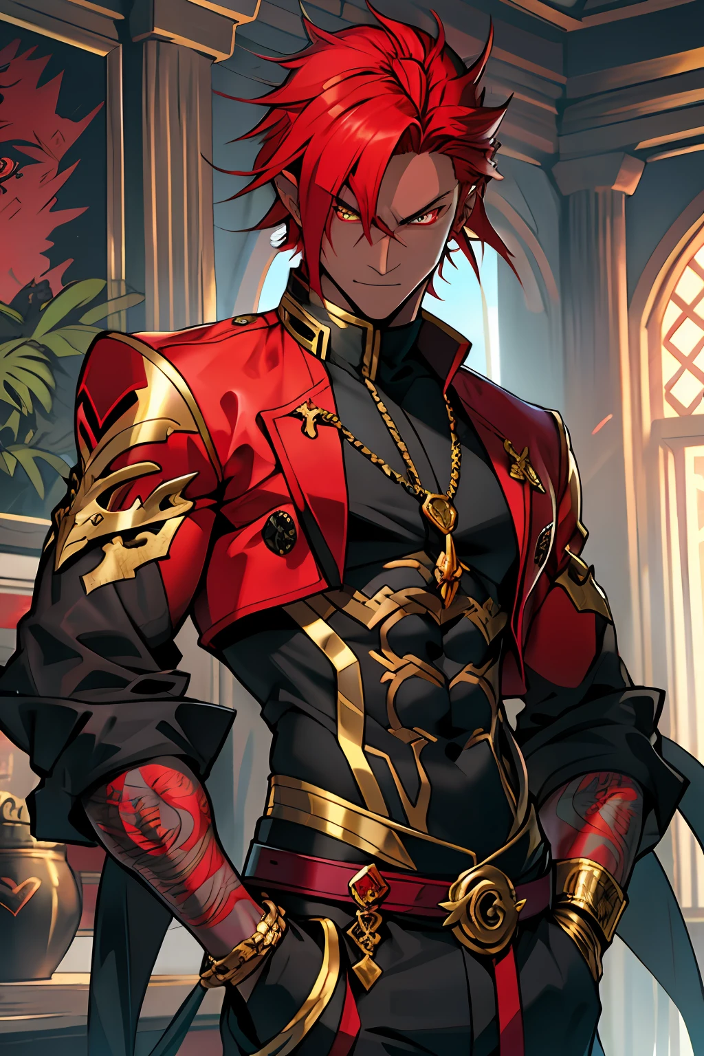 red tinted hair，Dragon Man，Golden pupils，short detailed hair，Evil charm，Lazy，Black-skinned，