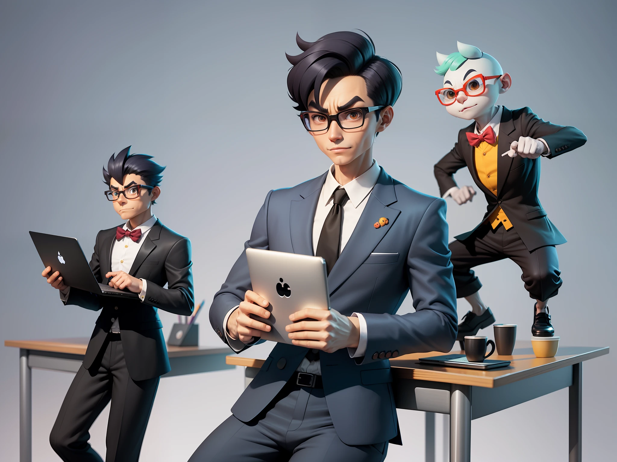 A young man in a suit and pants, Short hair and glasses sat at his desk,holding laptop,digitial painting,tigre,3D character design by Mark Clairen and Pixar and Hayao Miyazaki and Akira Toriyama,4K HD illustration,Very detailed facial features and cartoon-style visuals。