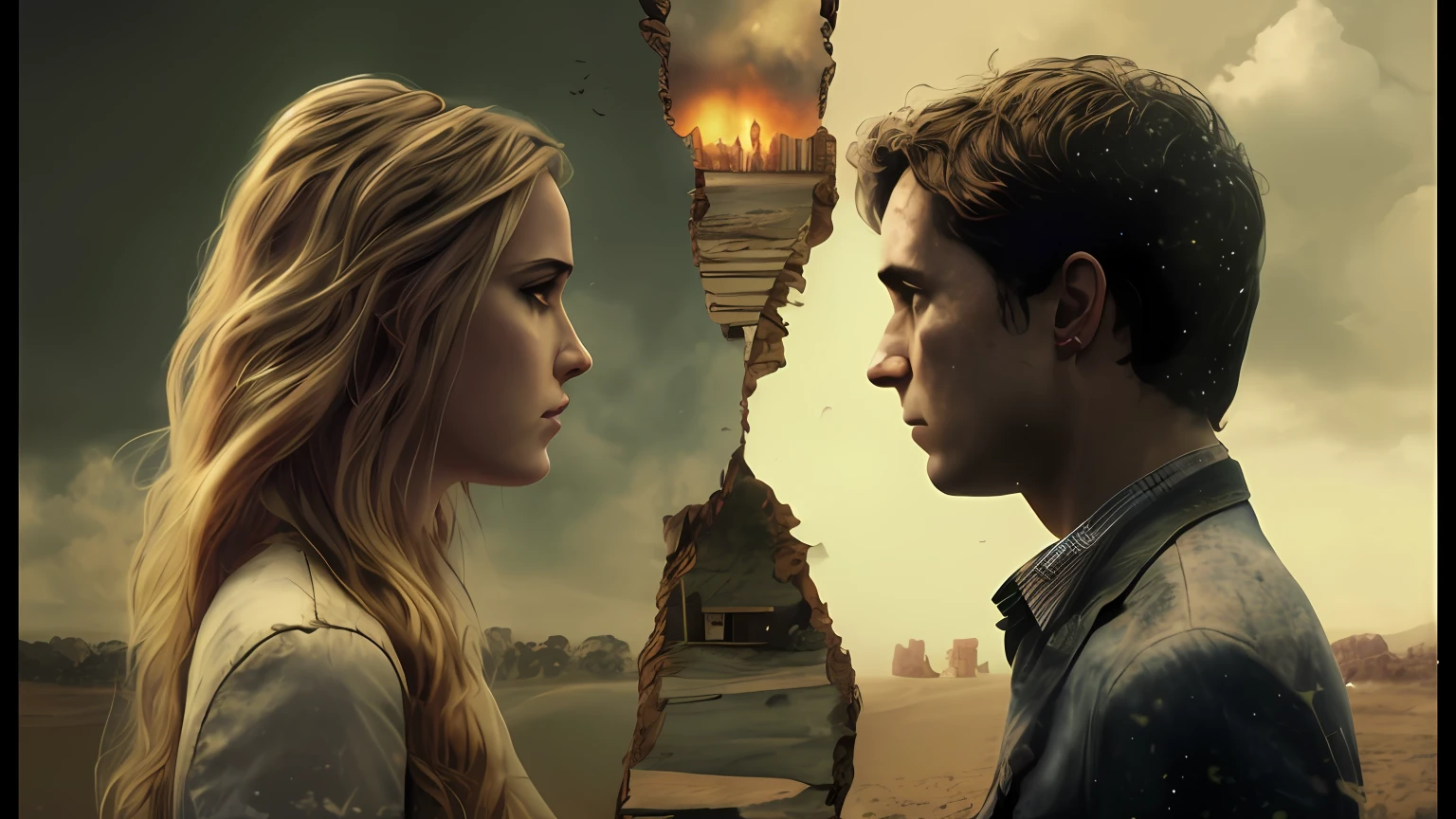 Imagem de um homem e uma mulher em frente a uma casa quebrada, imagem promocional do filme, fan art, filme muito realista ainda, inspirado em Steven James Petruccio, cinematic movie image, post - apokalyptic, Pisca-pisca, post-apocalypse, Merge, arte deslumbrante, filme realista ainda, cartaz de filme sem texto, arte do filme