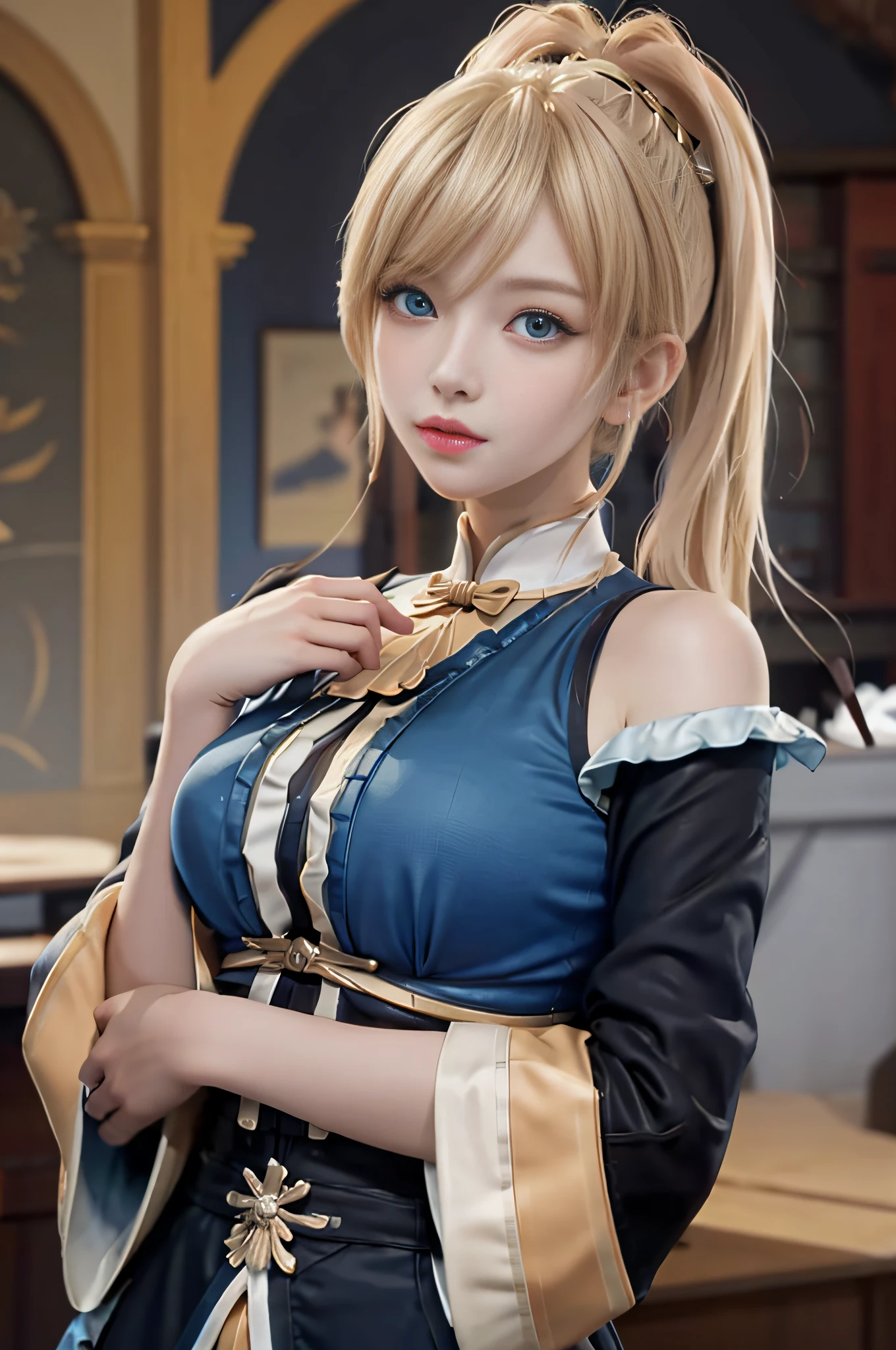 (Masterpiece, Best Quality, Big Breasts, Realism, Real, Photo: 1.4), Ji Xiaoman, Blonde, (Ulzzang-6500-V1.1:0.7), Very cute face, blue eyes, upper body, Big breasts, Real, photo