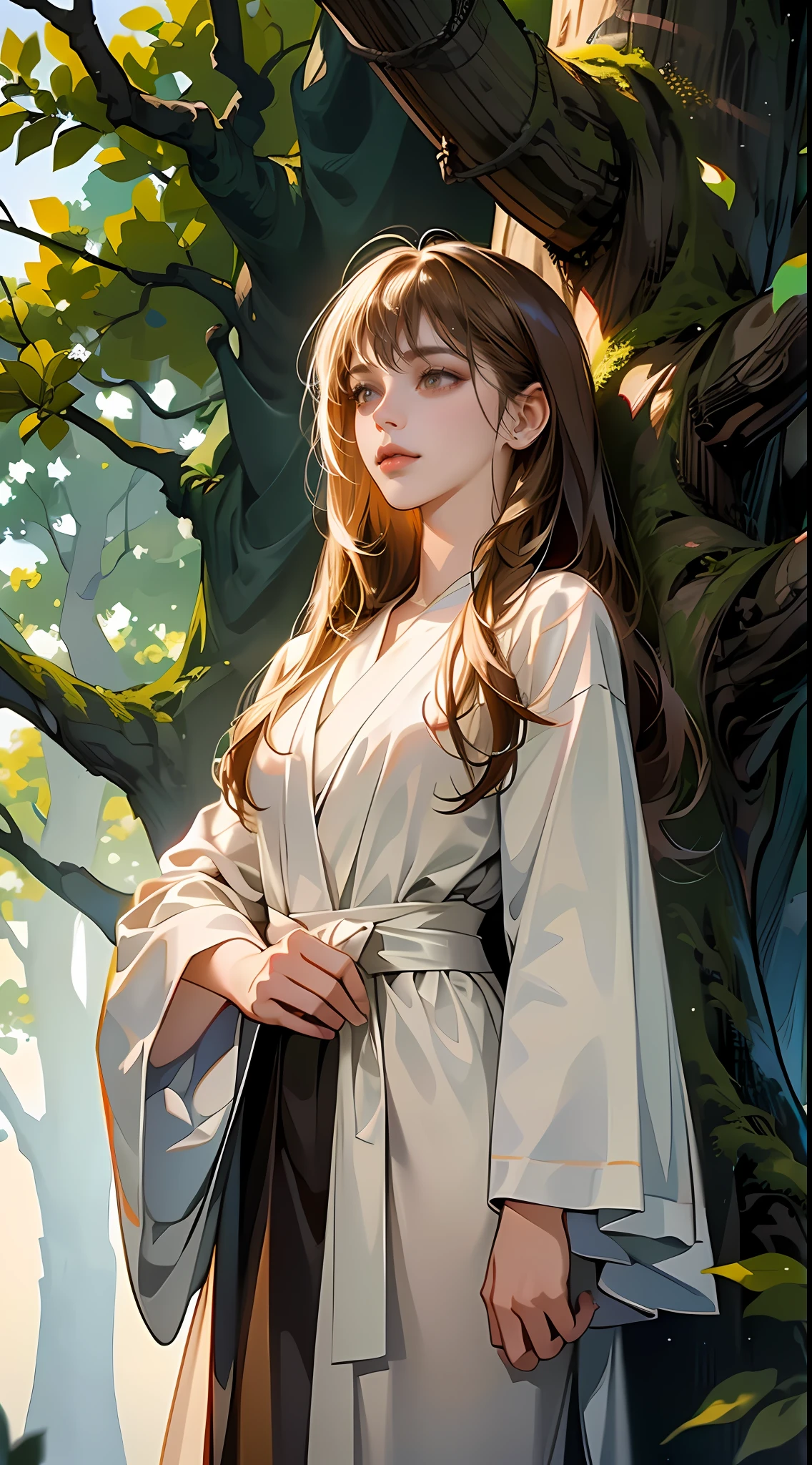 (tmasterpiece, high resolution,ultra - detailed:1.0),1 girl,Young and beautiful women,eye looking to camera,Perfect female body, Extremely detailed CG,Unity 8k wallpaper,Complicated details, color difference, Depth of field,dramatic shadow, Ray tracing, Best quality, Cinematic lighting, offcial art, solo person,(light-brown long hair, bangs, Messy hair, White robe, Dark forest, Dark night), exteriors, age-old tree,at a forest,Many trees,