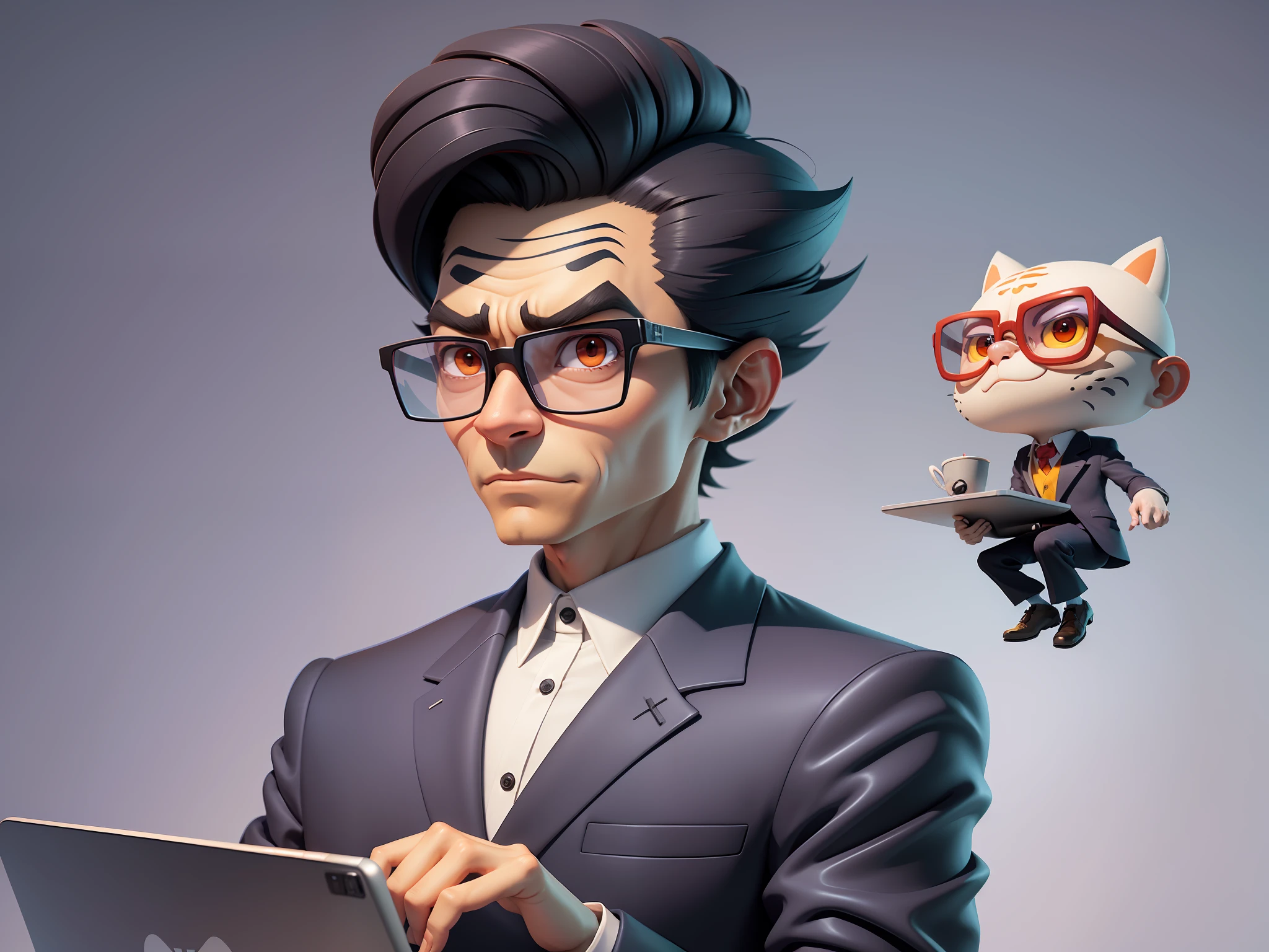 A young man in a suit and pants, Short hair and glasses sat at his desk,holding laptop,digitial painting,tigre,3D character design by Mark Clairen and Pixar and Hayao Miyazaki and Akira Toriyama,4K HD illustration,Very detailed facial features and cartoon-style visuals。