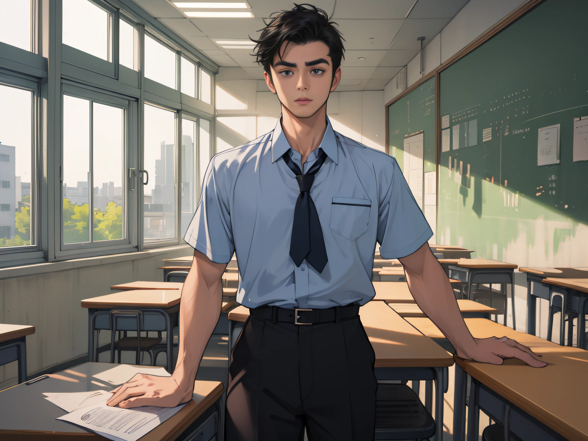 A male student, a young man with short black hair in a school uniform, sat at a desk in the classroom, looking confused