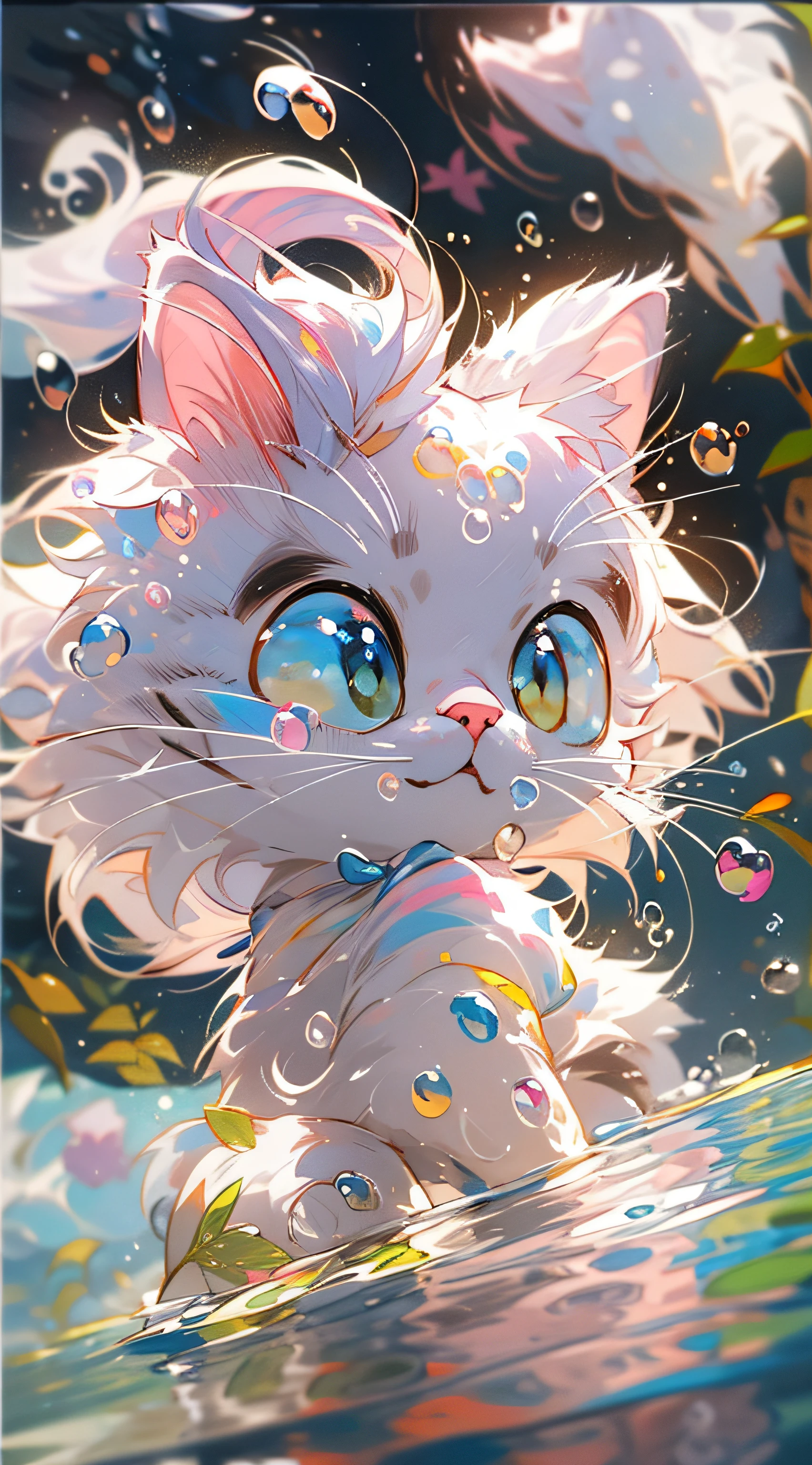 A cute puppet cat，white colors，Swim in the water，Pink little paws，独奏，closeup of face，portraitures，hairy pubic，leafs，No Man，Under the water，water bubbles，Buble，higher details，Rich in color，adorable smile，最好质量，8K，high saturated