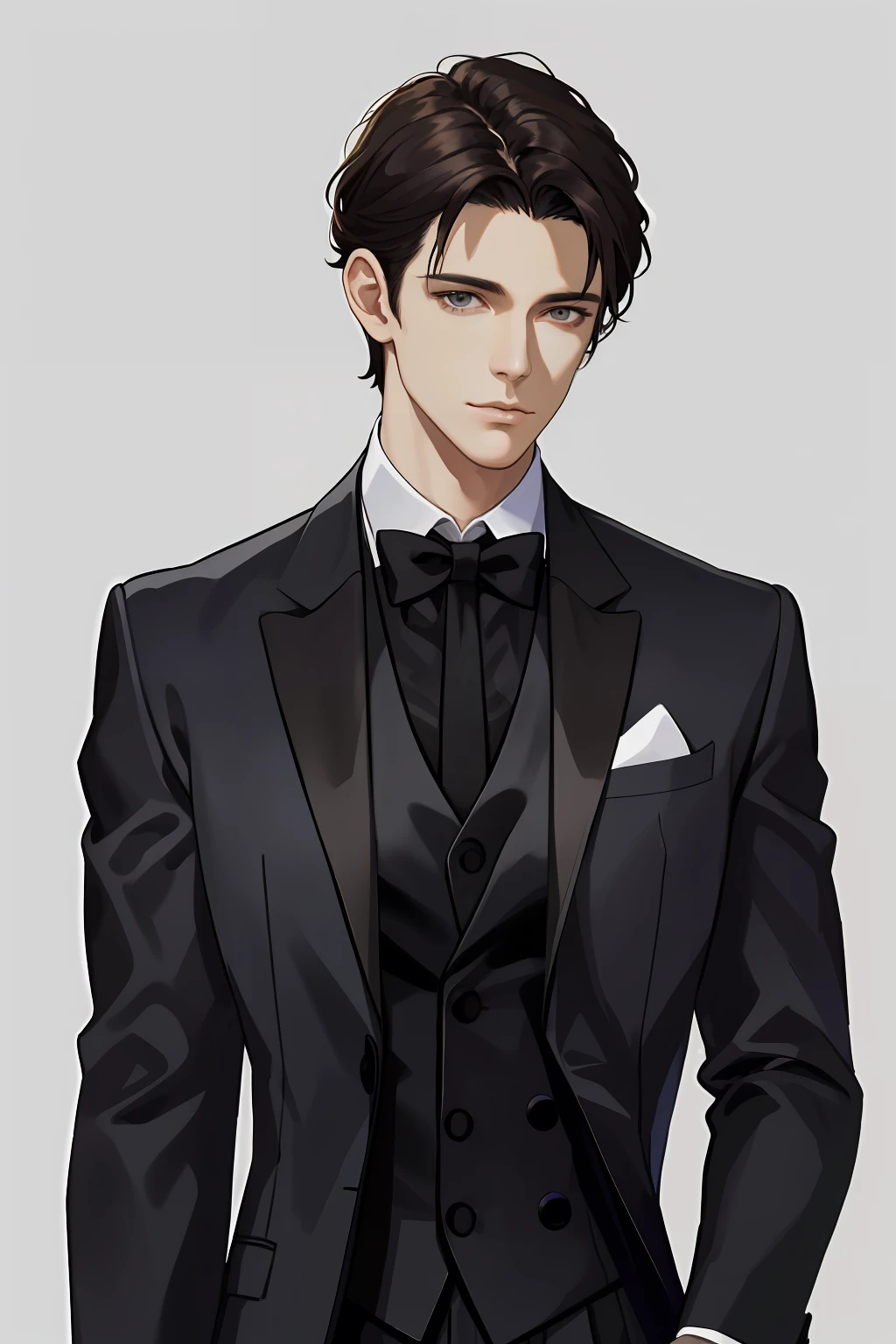 ​masterpiece, top-quality, realisitic, 1 persons, Men's Focus,, tall muscular, a handsome, Adonis,Beautiful Youth、 portraitures, extra detailed face, (Dark hair), Untidy hair, Simple suit、Black tie、white plain background