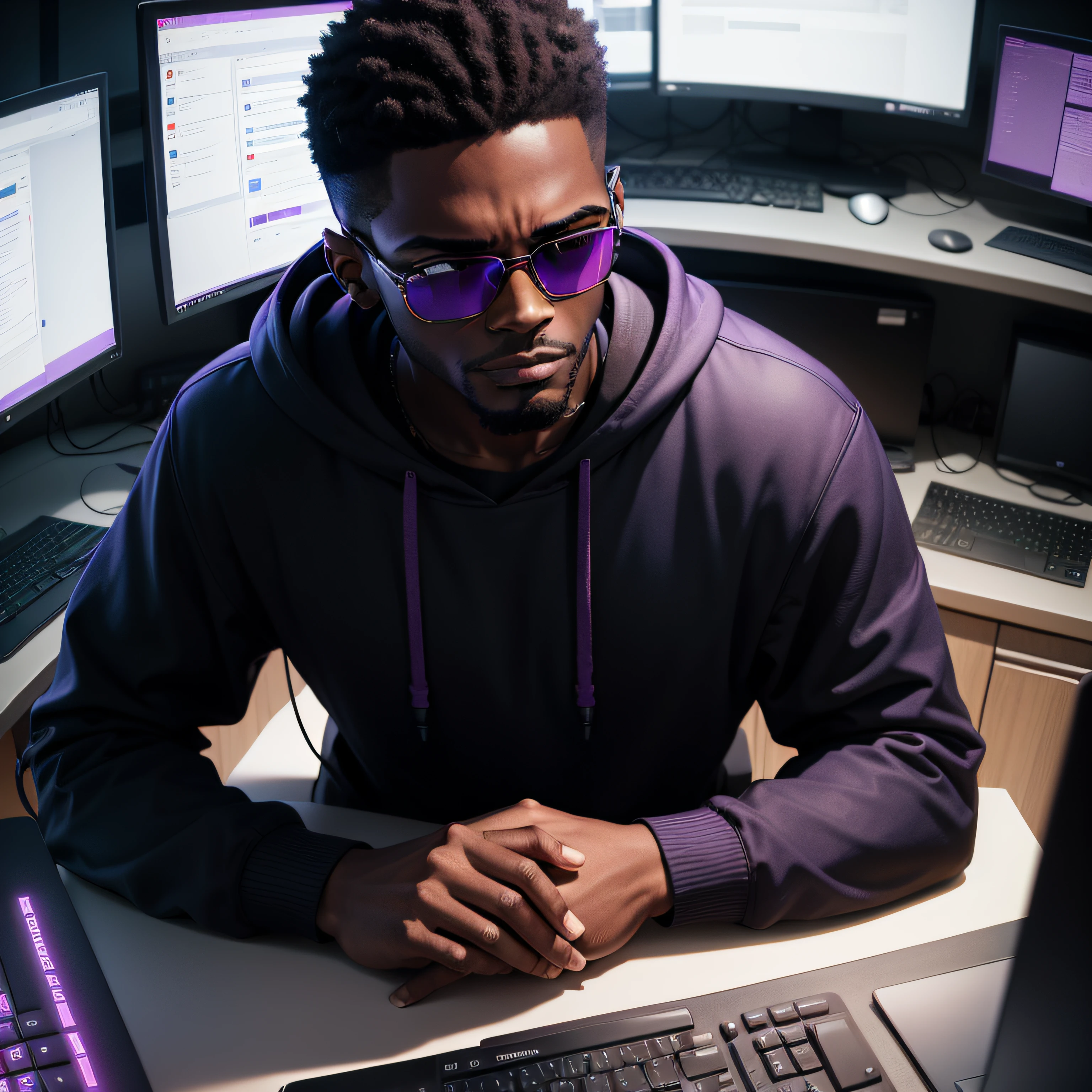 Depressed black hacker with glasses typing on computer keyboard with multiple monitors in front of him and purple terminals using hacking tools. He is wearing a black sweatshirt. His sunglasses are round, Ray-Ban style, and are reflecting off his computer screen.