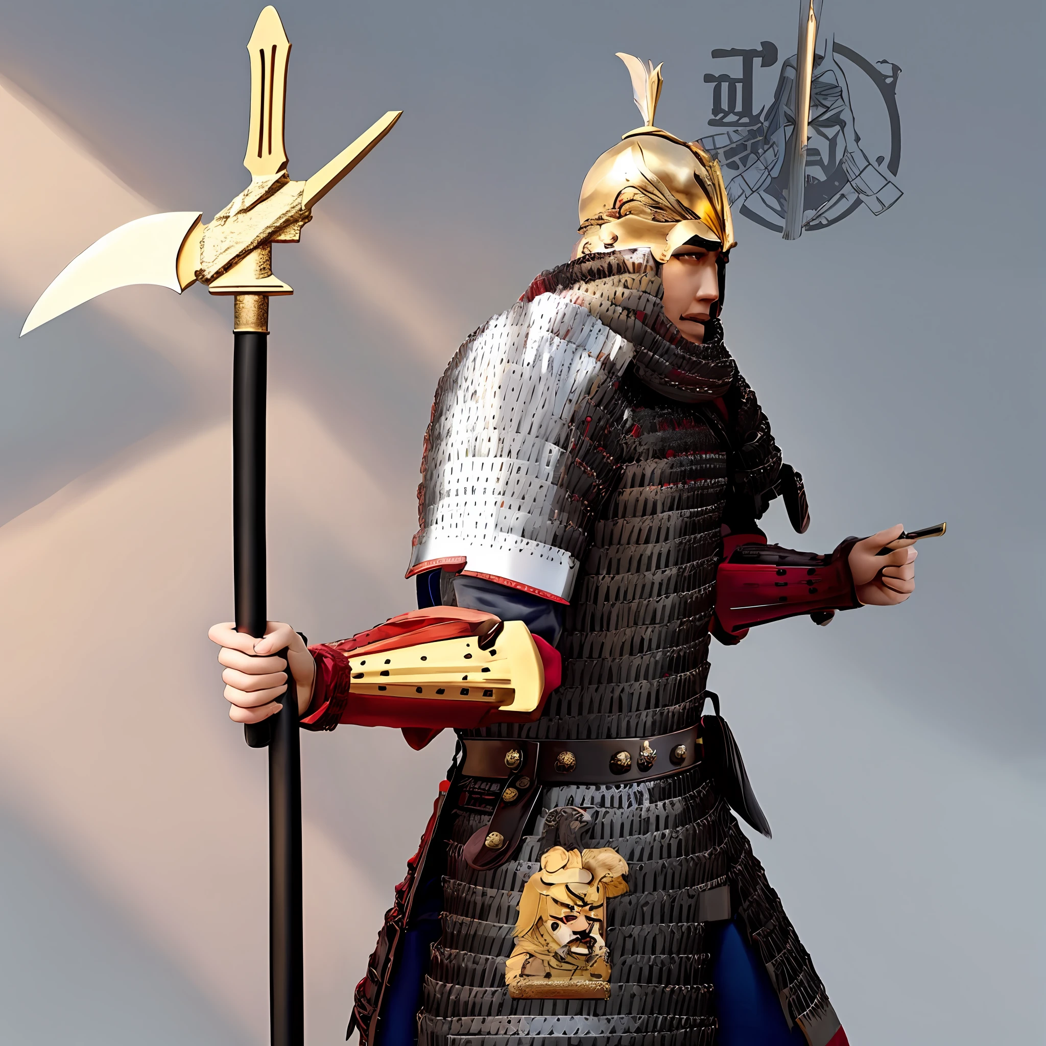 Lü Bu，Holding a Fang Tian Drawing Halberd，He wears a golden crown of double feathers，Face serious，Wearing gold armor，with a well-proportioned body，Stand with your chest straight，Uncle face，Knife eyebrows，tall nose bridge，