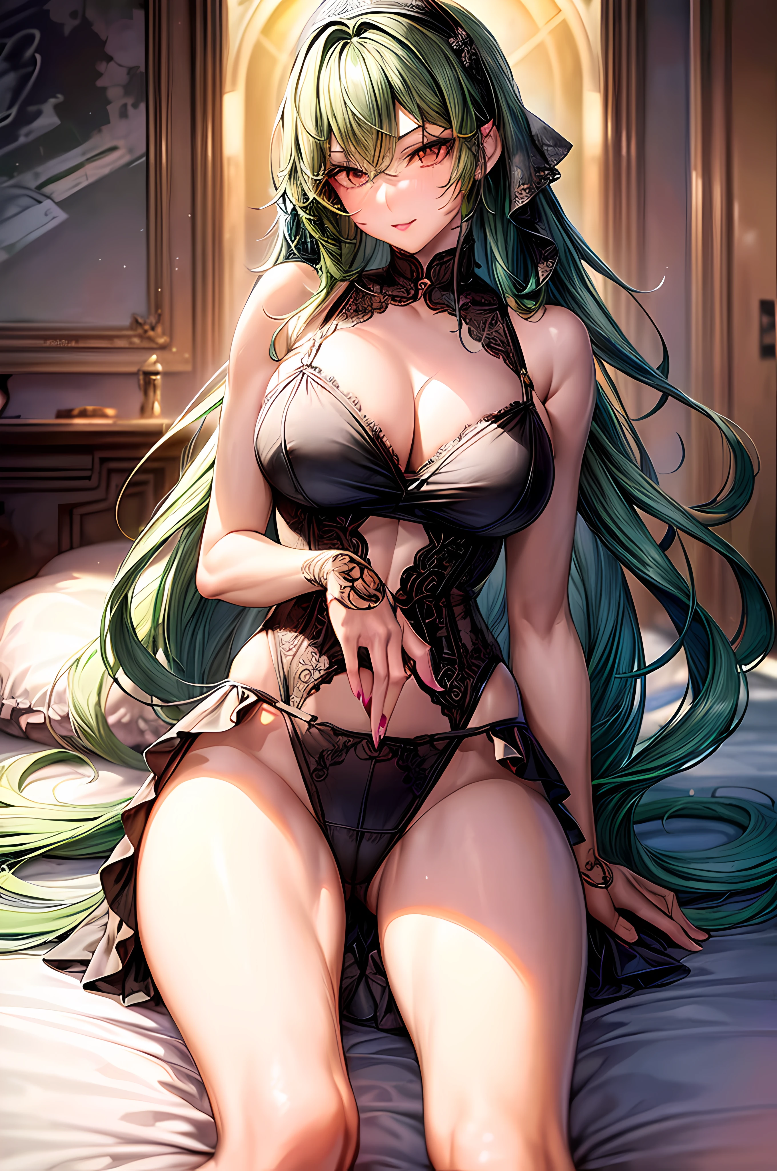 (masterpiece, best quality, 8K, large masterpiece digital art, nice hands, perfect hands, (detailed manga illustration), perfect anatomy, (intricate details, ultra-detailed, illustration:1.3), (natural lighting, vivid colors:1.3), 1girl, mini skirt, skirt lift pose, pink cute panties, shy expression, sexy lingerie sleep, in the bedroom, modern home, subtle tousled waves hair, green hair color palette mix black, nice eyebrows, sexy lips, asian eyes, fragrant and clean skin, looking at the viewer, add_detail:1