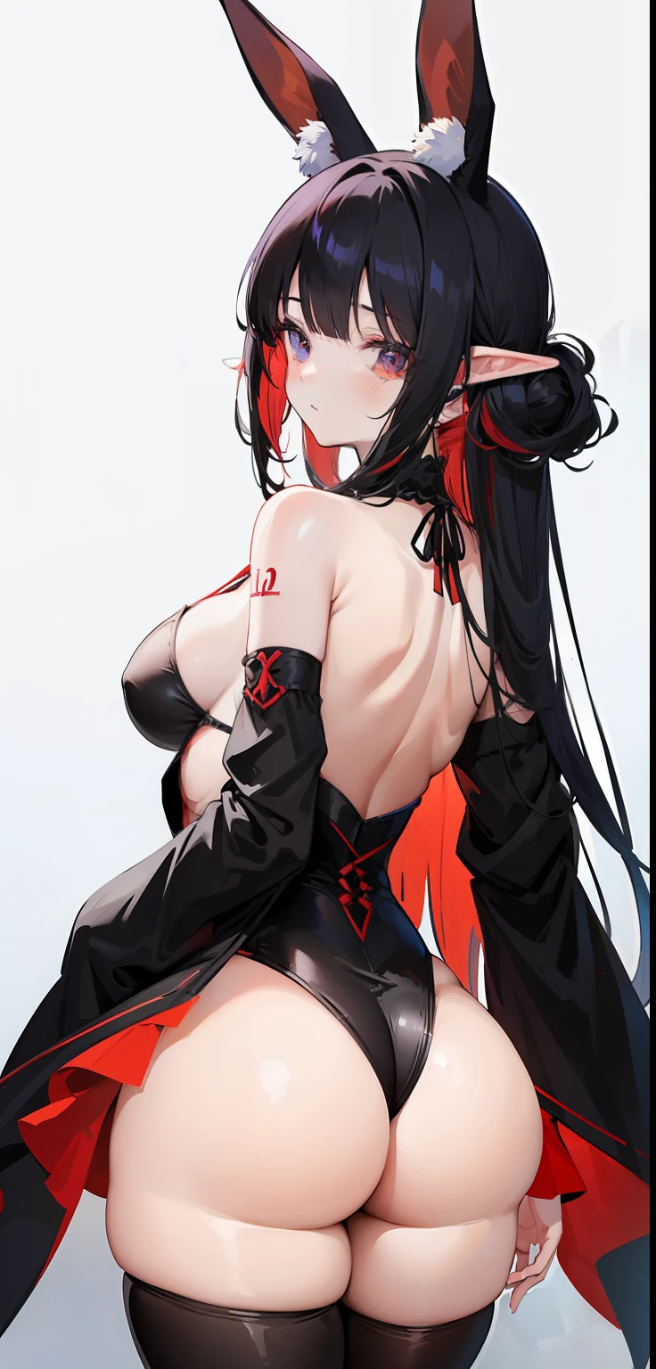 1 Girl, from the back, no face showing, elf ear, big red hair, black hair tips, bangs, lora:add_detail, sexy anime rabbit outfit, thin waist, belly, big chest, thick legs, big thigh, ass big, standing