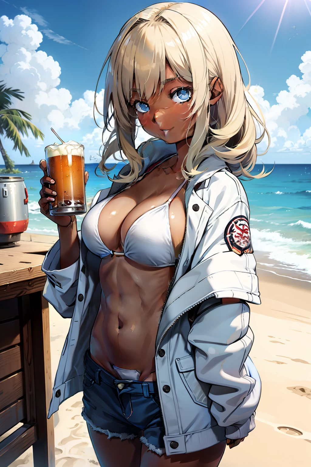 anime character, girl, 18 years old, Gyaru, Tomboy, black skin, blond hair, blue eyes, white bikini, white panties, denim jacket, happy, holding beer on beach, 4k