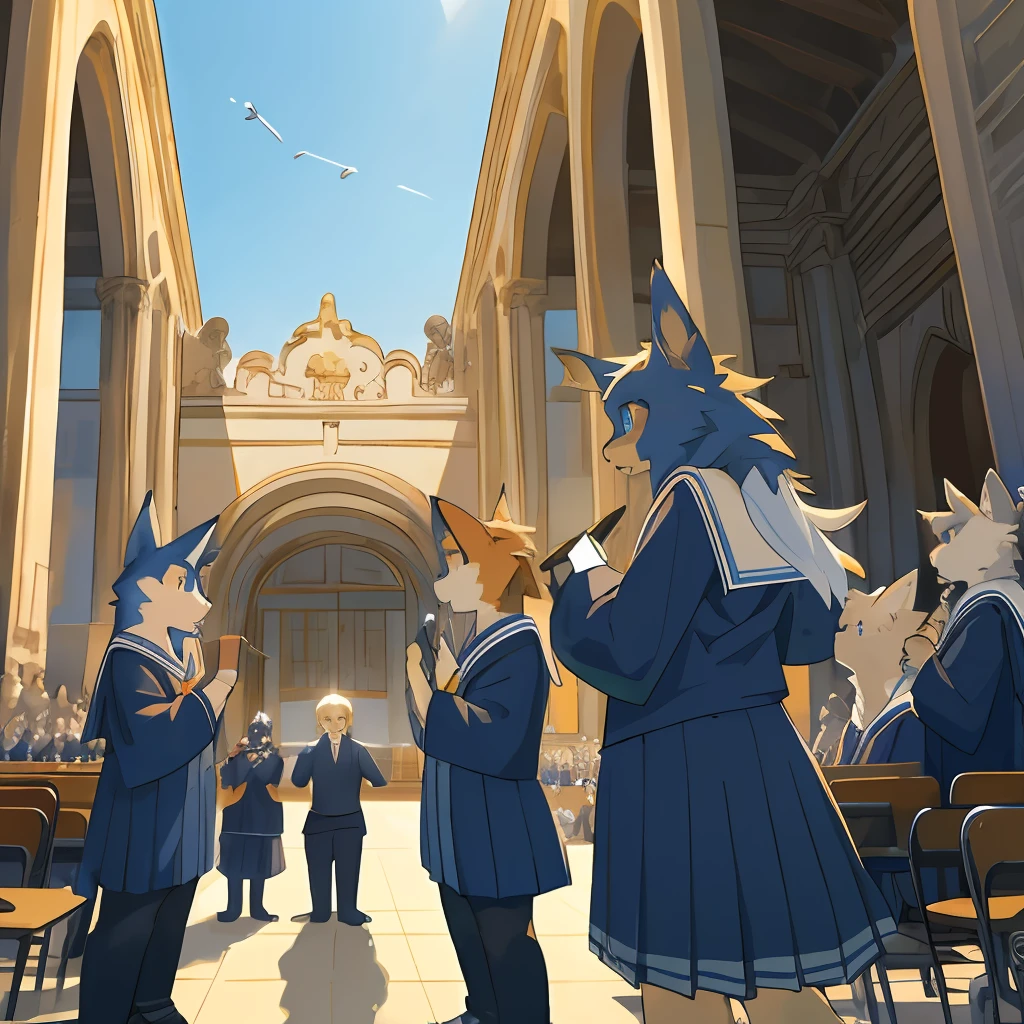 dynamic angle, top quality, best quality, High-quality illustrations, masterpiece, super high resolution, detailed background, detailed background, School Graduation Ceremony, group shot:0.1, 3+boys, 3+girls, absurdres(highly detailed beautiful face and eyes)perfect anatomy, expression, good lighting, cinematic shadow(kemono, furry anthro),