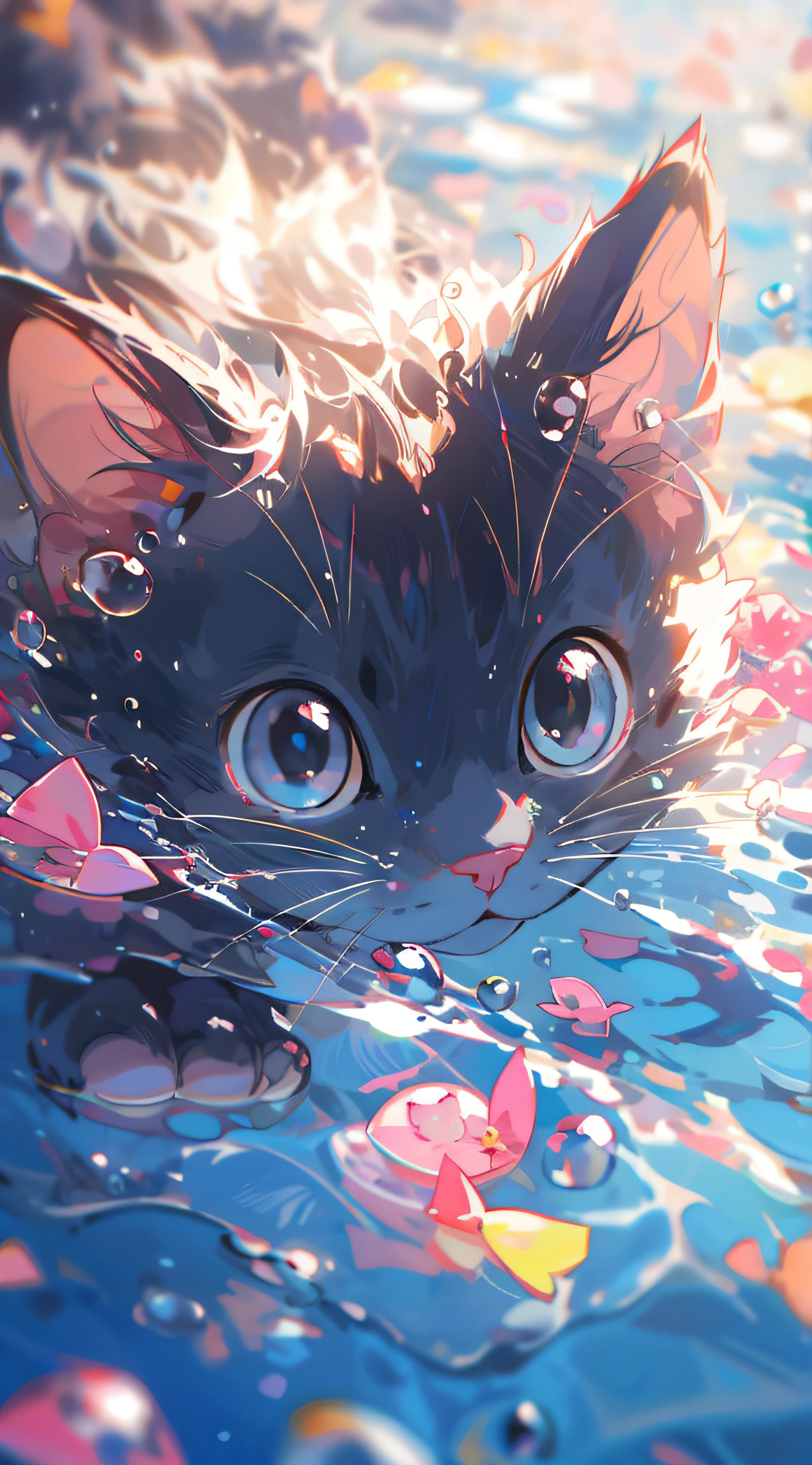 A cute black kitten，Pink paws，Pink nose，Petals fall to the surface of the water，独奏，closeup of face，portraitures，hairy pubic，leafs，No Man，Under the water，water bubbles，Buble，higher details，Rich in color，adorable smile，最好质量，8K，high saturated