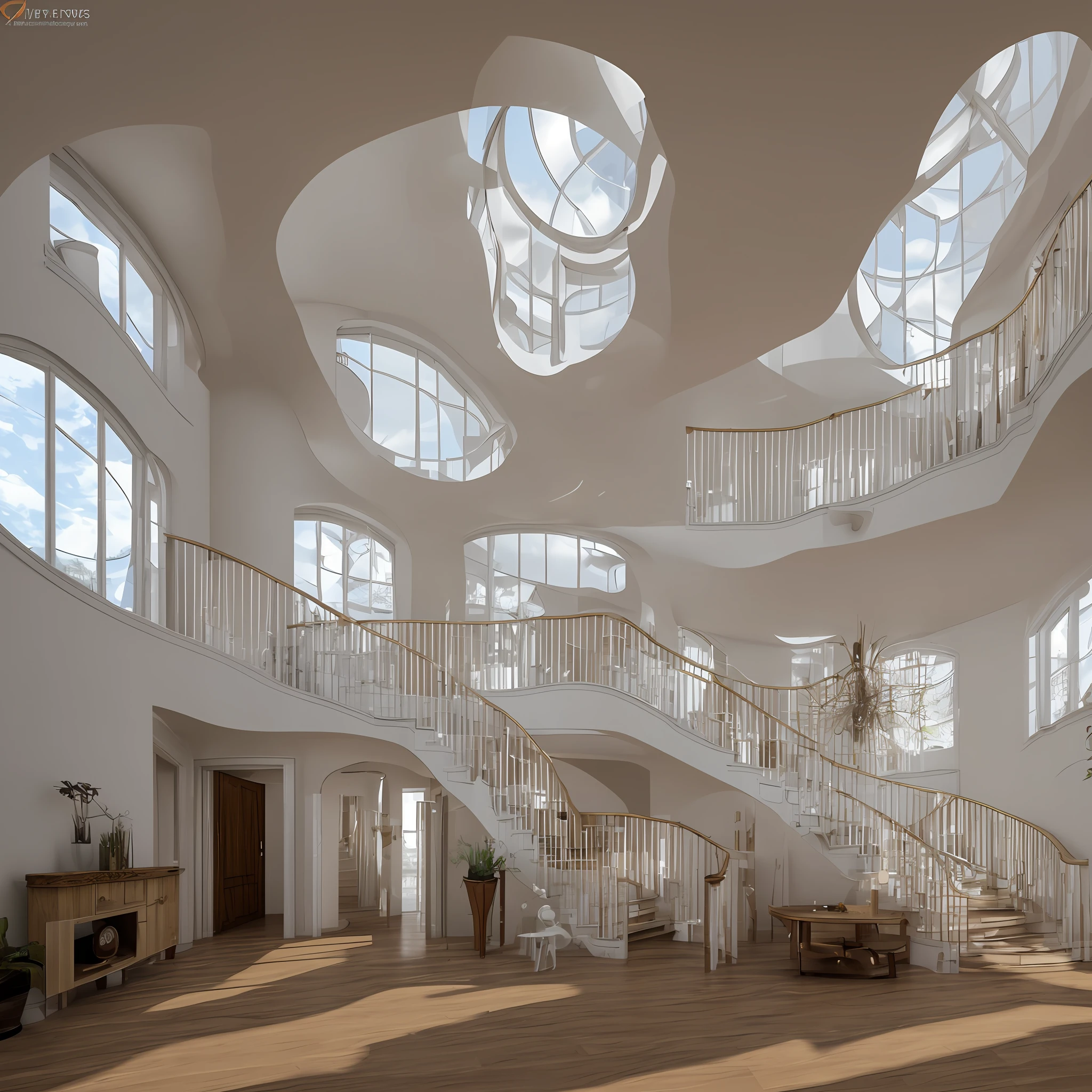 create a resort hall with reception, high ceilings, interior, staircase with curved shapes and vegetation, reinforced concrete, cinematic lighting, Unreal Engine 5, color grading, editorial photography, photography, depth of field, DOF, Tilt Blur, Shutter Speed 1/1000, F/22, White Balance, Super-Resolution, Megapixel, ProPhoto RGB, VR, high, epic, Backlight, Natural Lighting, Fiber Optic, Moody Lighting, Cinema Lighting, Studio Lighting, Soft Lighting, Volumetric, Contre-Jour, Dark Lighting, Highlight Lighting, Global Illumination, Screen Space Global Illumination, Ray Tracing Global Illumination, Red Rim Light, Cool Color Grading 45% , Optics, Shadows, Harsh, Shimmer, Ray Tracing Reflections, Lumen Reflections, Screen Space Reflections, Diffraction Grading, Chromatic Aberration, GB Offset, Sweep Lines, Ray Tracing, Photography --v 4, octanerender, --4 , --5, superrealistic, natural light, interior design, industrial architecture