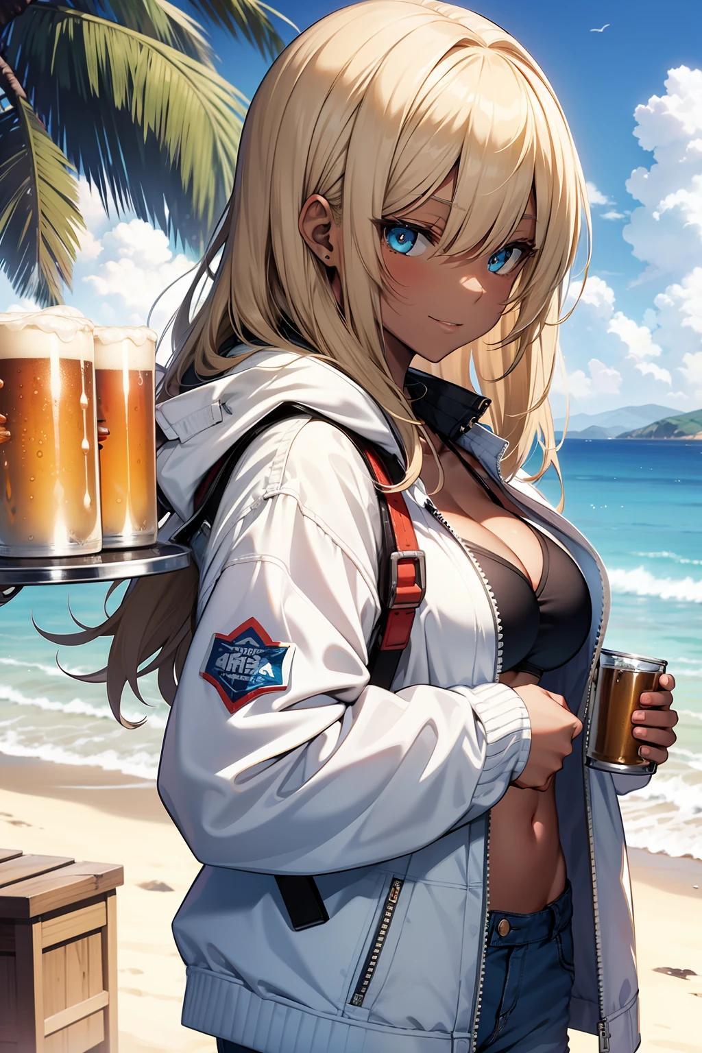 anime character, girl, 18 years old, Gyaru, Tomboy, black skin, blond hair, blue eyes, white bikini, white panties, denim jacket, happy, holding beer on beach, 4k