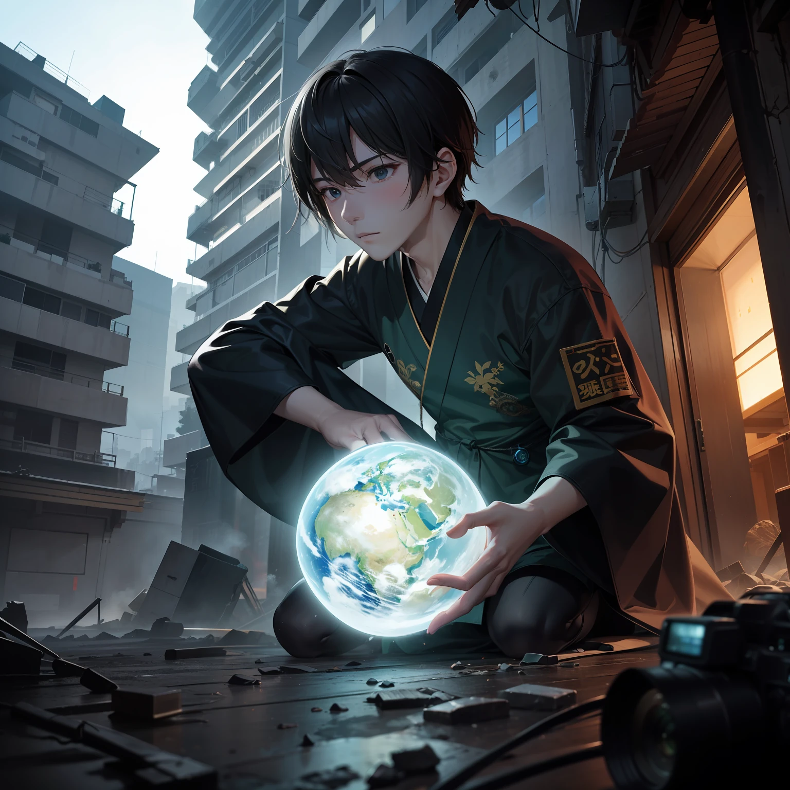 Imagine 2500 years of devastated Earth。At its heart is、A world of cyberpunk aesthetics is expanding。The main character is a small Japan boy named Isseiji.、Height is only 15 cm。He wears protective clothing and、Wearing a green kimono that serves as a life support device。He carries an energy needle as a weapon, a tool for his survival.、Wearing a bamboo-shaped pendant。This pendant is a sizing device、He rides a black bowl-shaped vehicle。His youth々Shishi Face、Intelligent and alert,、It contrasts vividly with the ruined surroundings。The color is dominated by the green and golden touches of bamboo.。This scene is called、Shot with a high-resolution 16k camera、Aspect ratio16:9、Version 5.1、a raw style、Quality 2、In size 750、Create ultra-realistic and detailed images。