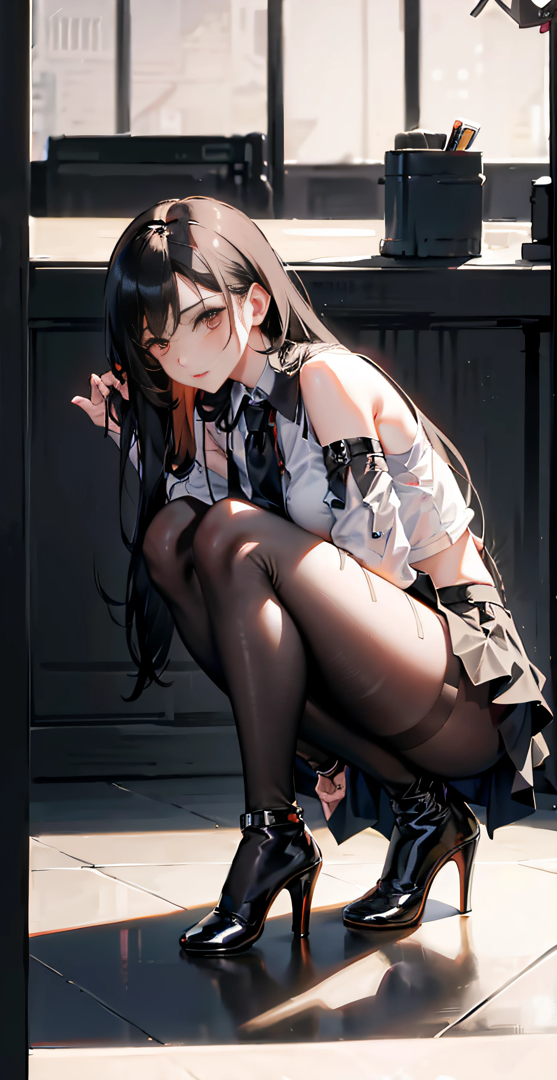 Tifa, squat, V-hand, black pantyhose, tights, white shirt, shirt with collar, cinematic light and shadow, tie, action reference original picture, hip skirt, front side, left hand on leg, one person, two legs, hip wrap skirt, bigtits, smaller head, longer legs, golden ratio, nine-headed body, black leather skirt, high heels, side position, body angle 90 degrees, black high heels, high heels, full body, long hair, office lady, OL, hands on legs, rounded knees, office girl