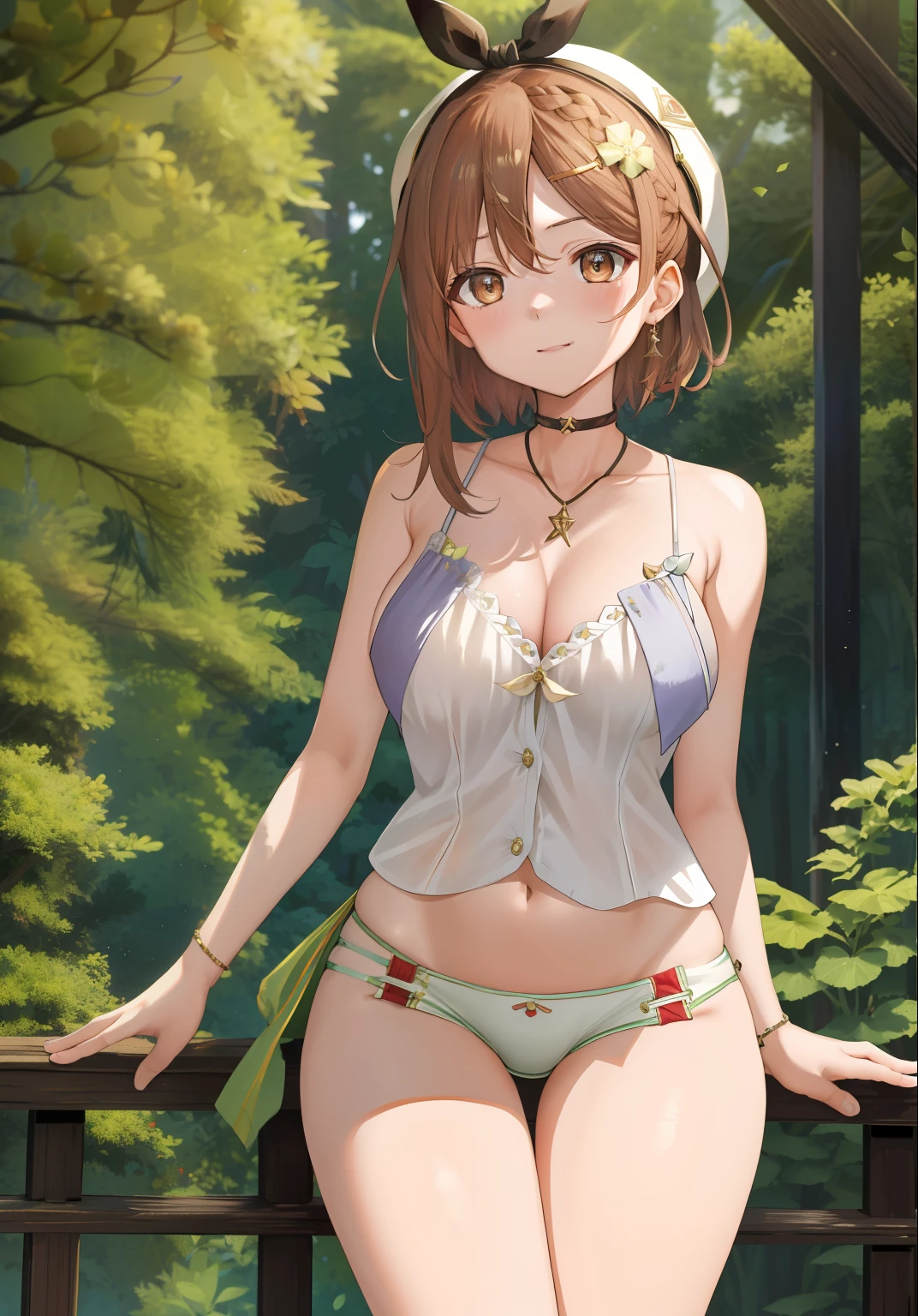 tmasterpiece，Best quality at best，A high resolution，比基尼，Bare thighs，1girll，nedium breasts，独奏，ln the forest，fresh flowers，