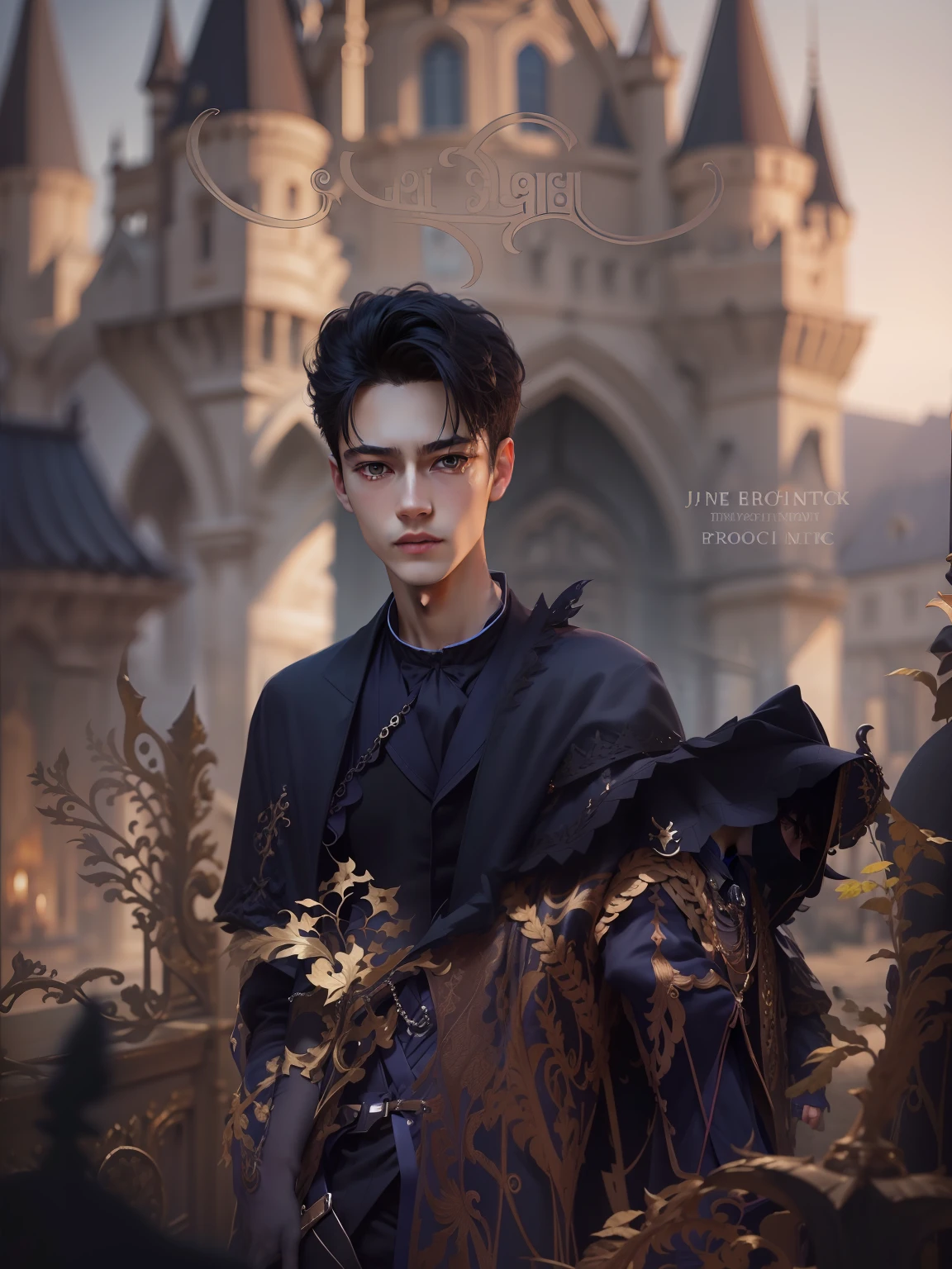jaemin, front facing, twink, parted lips, (dark navy hair:1.2), dark navy prince regal outfit, (ultra realistic:1.2), (close up:1.2), (gothic european castle background:1.2), (intricate:1.2), (looking at viewer:1.2), male focus, 1male,