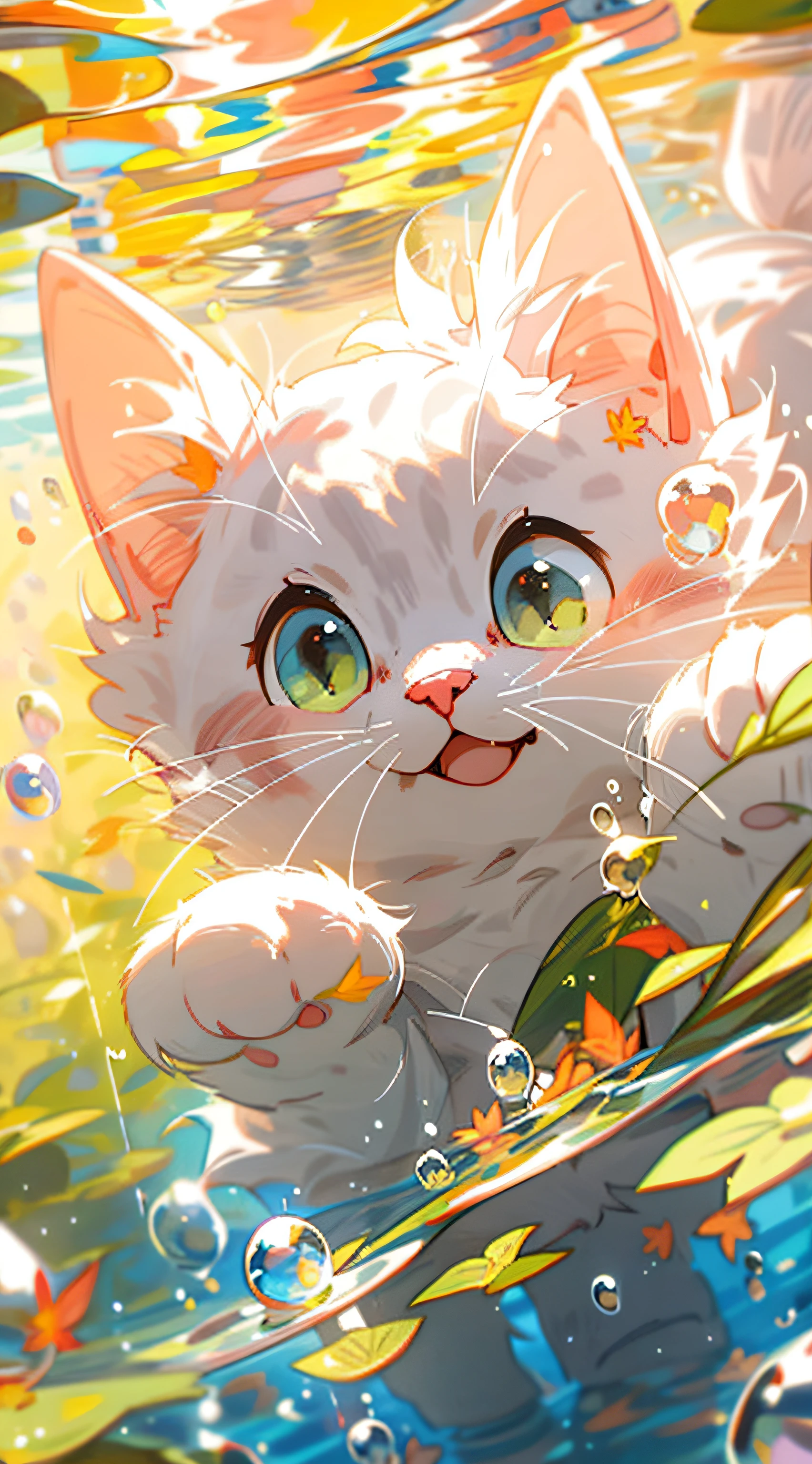 1 Cute kitten，white colors，Pink little paws，closeup of face，portraitures，hairy pubic，leafs，No Man，Under the water，water bubbles，Buble，higher details，Rich in color，adorable smile，最好质量，8K，high saturated