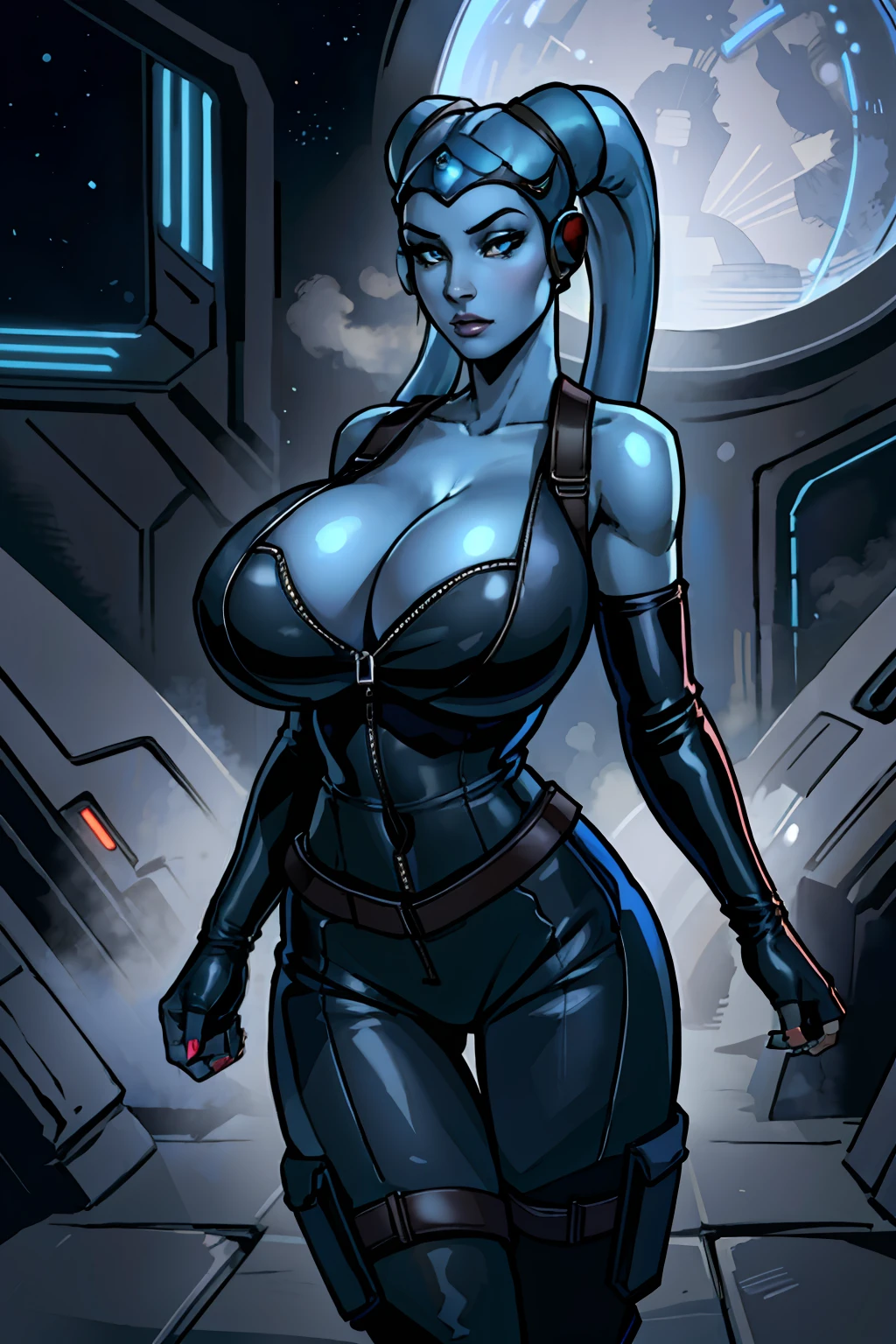 (masterpiece:1.2, best quality:1.2, beautiful, high quality, highres:1.1, aesthetic), detailed, extremely detailed, ambient soft lighting, 4K, perfect eyes, perfect face, perfect lighting, 1girl, (((blue skin)), twi'lek), (wearing black leather jumpsuit, unzipped, utility belt, fingerless gloves, rolled sleeves, long boots, ((busty), slender body, thin, slim sexy body, slim waist, (((gigantic breasts), big cleavage))), Imperial starship, Star Wars,