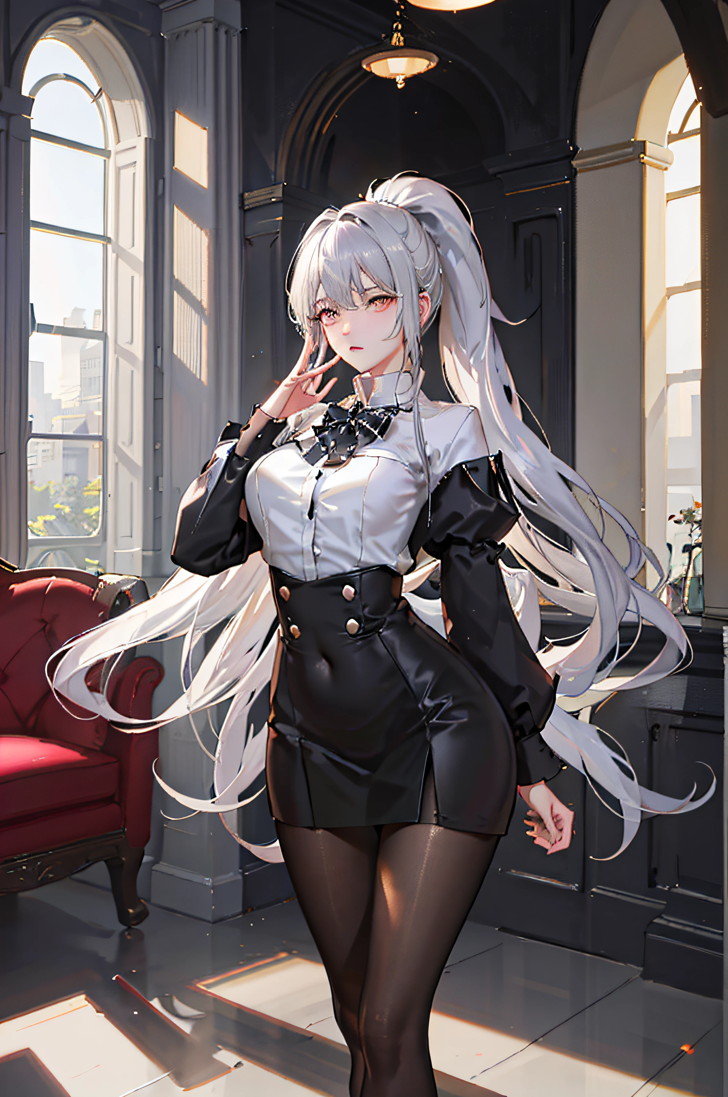 1 girl! Ray tracing, best shadows, high resolution (dim lighting) detailed background (living room) fluffy silver hair, plump and slim girl, high ponytail in the ominous living room avoiding golden eyes (girl wearing white shirt, black wrinkled skirt, with black transparent pantyhose) shows a delicate slim figure and graceful curves, the position is correct and reasonable limbs! Put your hands behind your head, your fingers slender and slender! Dignified standing, facial details! Delicate facial features! Pay attention to the details of the position of the legs! Pay attention to hand details! High quality! More eligible! Reduce mistakes! The painting is more fine, ultra-detailed CG, and the picture is more reasonable! Pay attention to finger details! 8k wallpapers, masterpieces, double eye details! Reduce the difference in eye size! Limit the number of fingers!