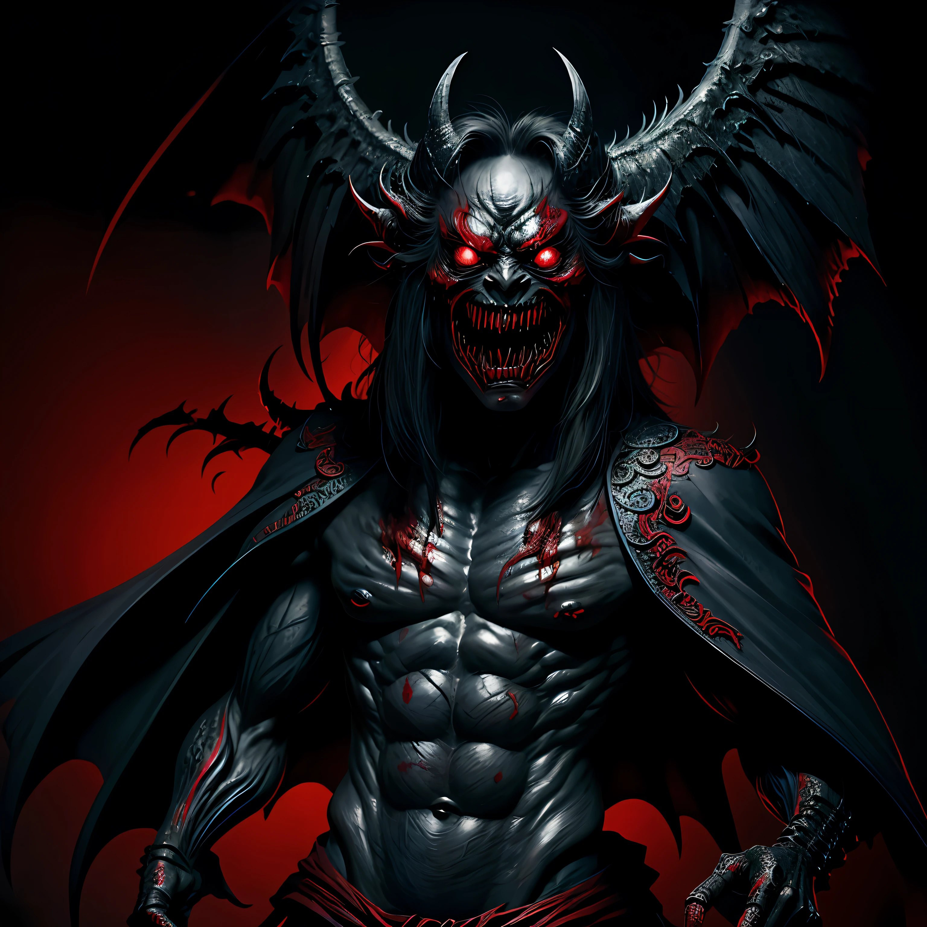 Black-scaled youkai,Highly decayed body,Scarred body,Demons are eating human flesh,Bloody scenes,Devil Wings,Blue red silver demon of W44P3N in front of blood red background, opulent, 4K, insanely details