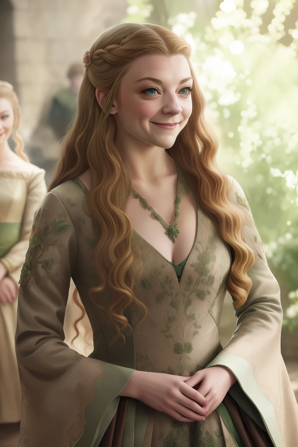 Anime, semi realistic art, anime girl, green dress, margaery tyrell, natalie dormer, game of thrones, queen, green roses dress, long brown hair, teen girl smile, one girl, art