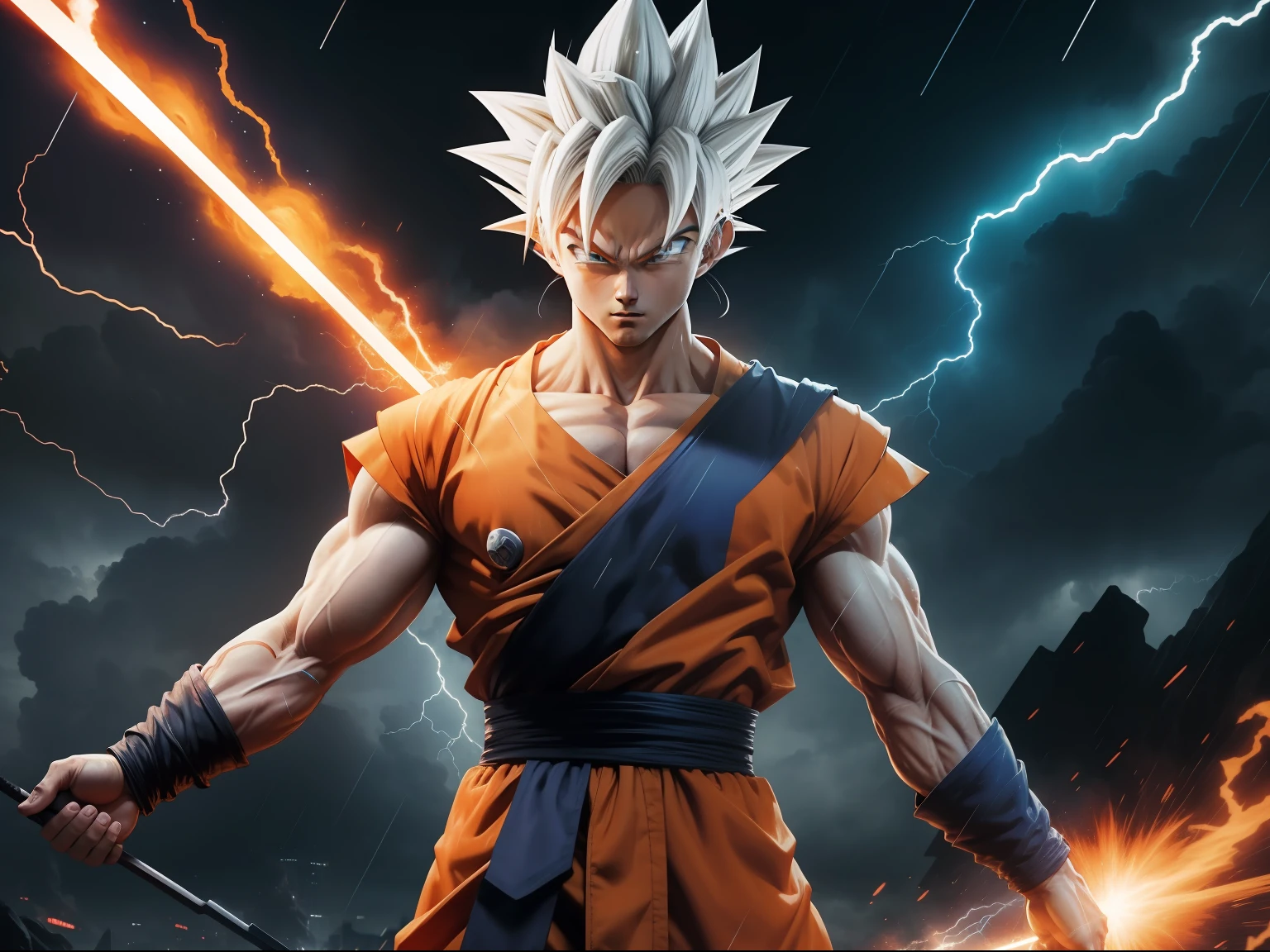 Goku standing in the rain with Orange clothes and white hair collecting his power and strength , lightning in the background, highly detailed, hq 4k wallpaper, wallpaper 4k, futuristic style, wallpaper 4 k, highly detailed 4 k art, 4 k hd wallpaper very detailed, marvel art