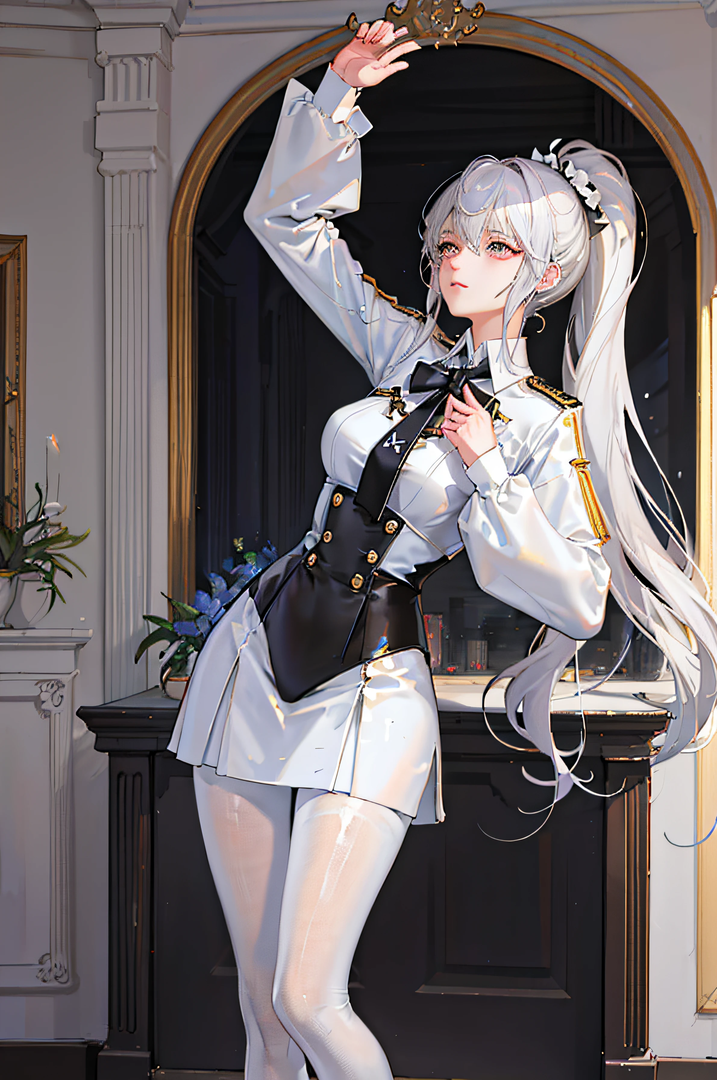 1 girl! Ray tracing, best shadows, high resolution (dim lighting) detailed background (living room) fluffy silver hair, plump and slim girl, high ponytail in the ominous living room avoiding golden eyes (girl wearing white shirt, black wrinkled skirt, with black transparent pantyhose) shows a delicate slim figure and graceful curves, the position is correct and reasonable limbs! Put your hands behind your head, your fingers slender and slender! Dignified standing, facial details! Delicate facial features! Pay attention to the details of the position of the legs! Pay attention to hand details! High quality! More eligible! Reduce mistakes! The painting is more fine, ultra-detailed CG, and the picture is more reasonable! Pay attention to finger details! 8k wallpapers, masterpieces, double eye details! Reduce the difference in eye size! Limit the number of fingers!