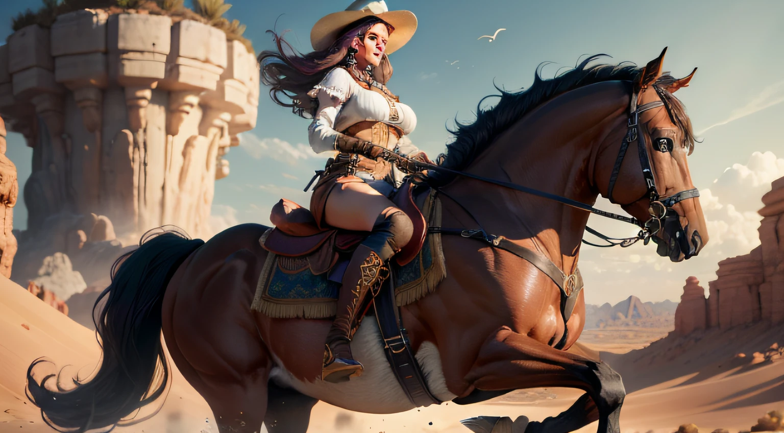 A woman who is，Age 30 years，The figure is good，Bigboobs，mounted on a horse，In the desert，Exposed clothes with yarn，Transparent clothes，Skinny boots encrusted with precious stones，Holding a sword with precious stones in his hand，photorealestic,tmasterpiece,high qulity,High precision,The is very detailed,Amazing,finedetail,Very detailed CG unity 8K wallpaper,A score greater than or equal to 60,illustratio,Colorful,the ultra-detailed,depth of fields,Beautiful Details Sky,