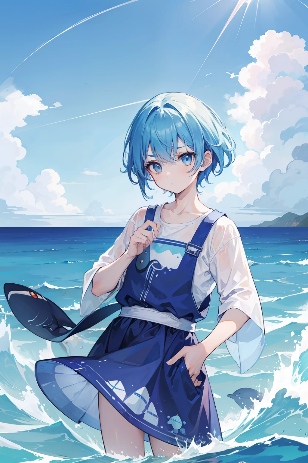 water elemental,Best quality,best detail,mito,The background is grand,Vast ocean,Waterspout,long baby blue hair,(Thick eyebrows),A cunning boy,Wear flowy whale print clothes,(Normal hands)