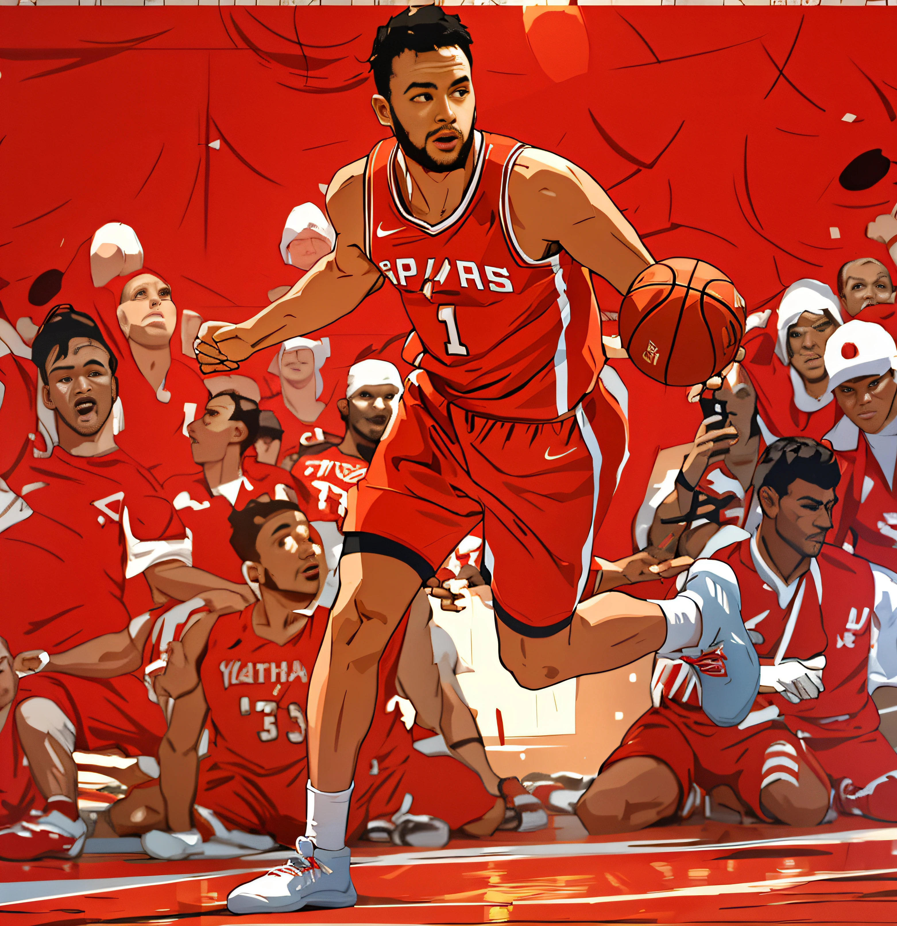 Line drawing，Line stroke，Lee Kyle，hand painted style，lineworks，sense of strength，basketball player，Red clothes，Shooting，basketball ball，Exquisite poster，best qualtiy，high high quality