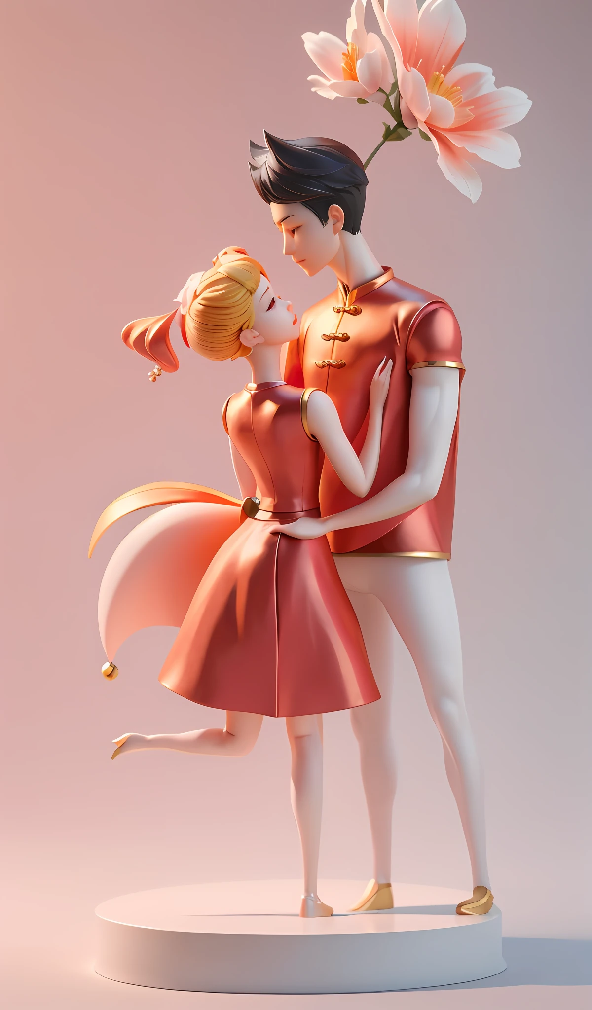 There is a statue of a man and a woman holding a flower, 3 d render stylized, trending on cgstation, inspired by Hsiao-Ron Cheng, pop japonisme 3 d ultra detailed, author：Lee Jeon-suk, cute 3 d render, by Russell Dongjun Lu, 3 D rendering character art 8 K, 3D characters