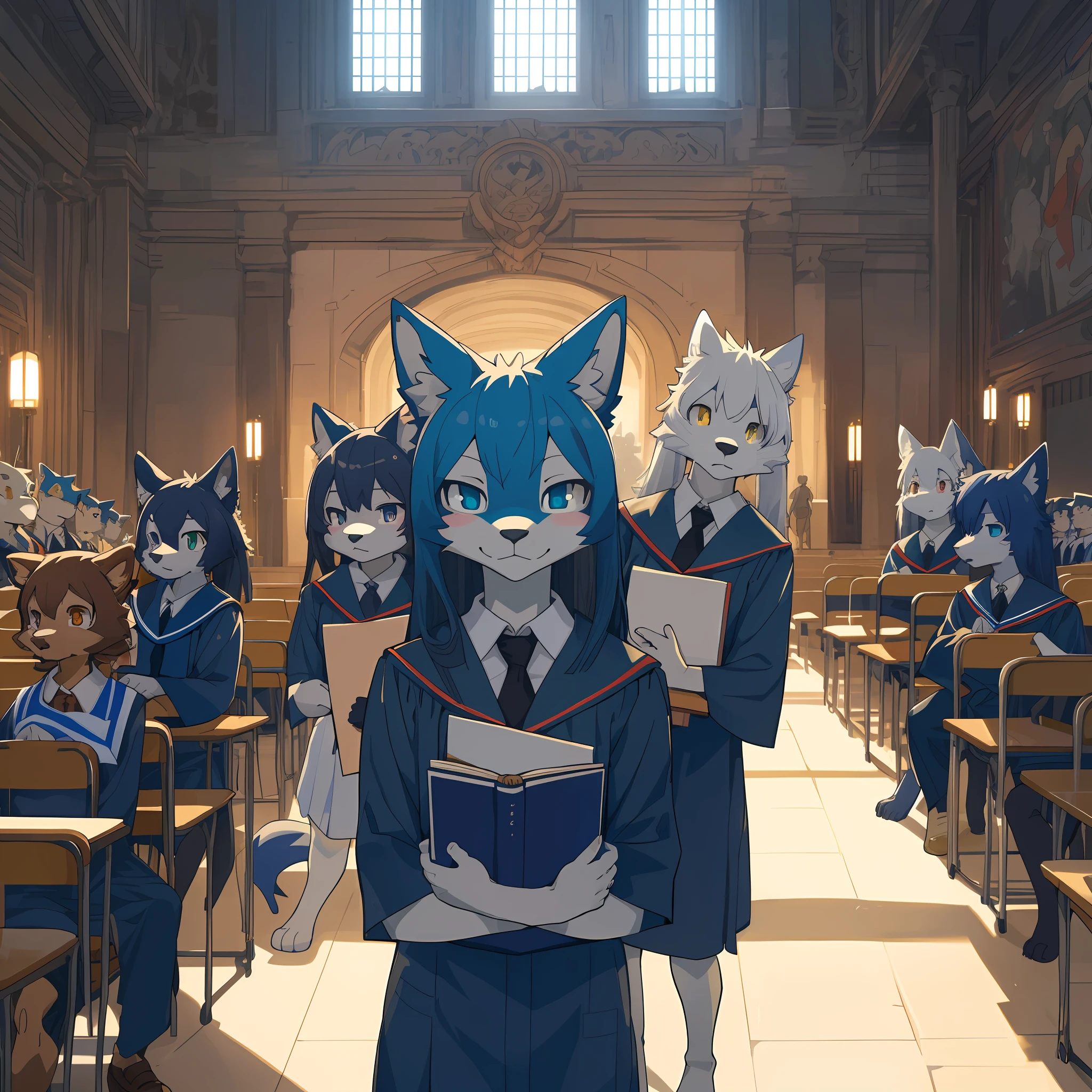 dynamic angle, top quality, best quality, High-quality illustrations, masterpiece, super high resolution, detailed background, detailed background, School Graduation Ceremony, group shot:0.1, 3+boys, 3+girls, absurdres(highly detailed beautiful face and eyes)perfect ???????, expression, good lighting, cinematic shadow(kemono, furry anthro),