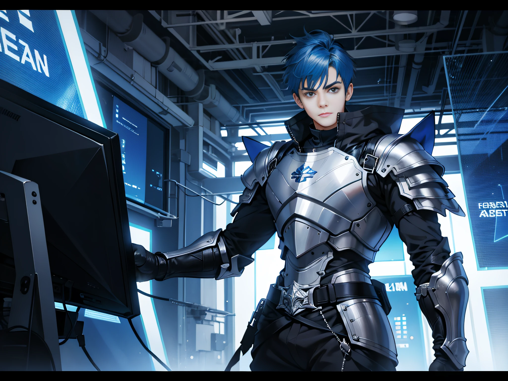 On the big electronic screen is a boy with short blue hair in armor