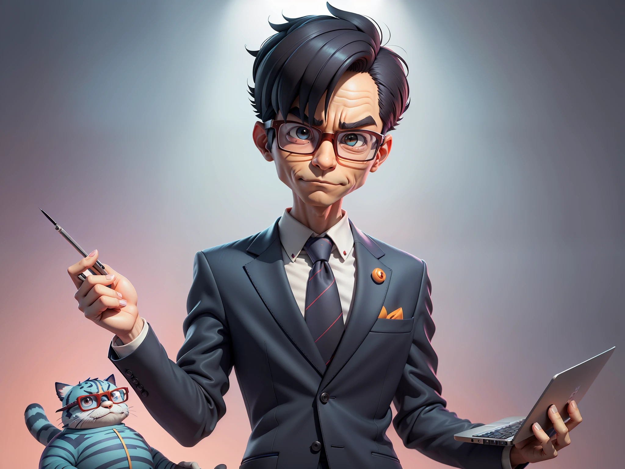 A young man in a suit and pants, Short hair and glasses sat at his desk，holding laptop，digitial painting，tigre，3D character design by Mark Clairen and Pixar and Hayao Miyazaki and Akira Toriyama，4K HD illustration，Very detailed facial features and cartoon-style visuals。