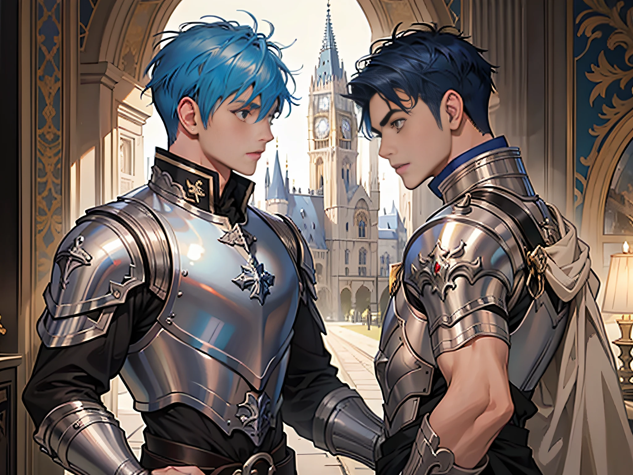 A boy with short blue hair in armor fights a European nobleman